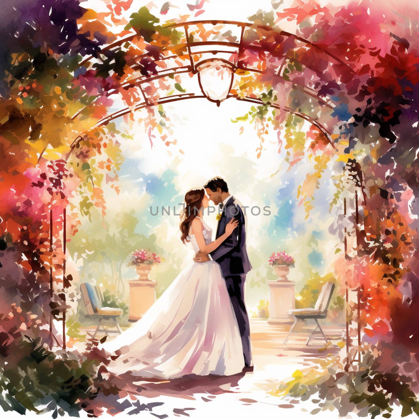 Immerse yourself in the beauty of this vibrant watercolor painting that showcases a couple exchanging vows in a stunning garden setting. The bride is wearing a flowing white dress adorned with delicate flowers, while the groom is dressed in a dapper suit. They stand beneath a blossoming arch entwined with greenery and colorful flowers. The sunlight filters through the tree canopy, casting a warm glow on the scene. In the background, witnesses and loved ones watch with teary-eyed joy as the couple exchanges their eternal promises, creating a deeply heartfelt and cherished moment captured in this radiant exchange of vows.