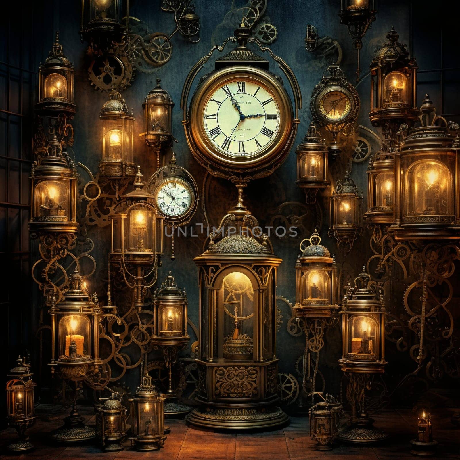 Step into the enchanting world of vintage clocks with 'Whispers of the Past: Vintage Clocks in Silent Glory.' This captivating image portrays a dimly lit room, brimming with the silent beauty of antique clocks of various shapes and sizes. The artistic lighting enhances the ambiance, casting a nostalgic glow that transports the viewer into a bygone era. Each clock is meticulously crafted with intricate details, which are artfully highlighted, inviting closer inspection. This image captures the essence of time standing still, evoking a sense of nostalgia and wonderment.