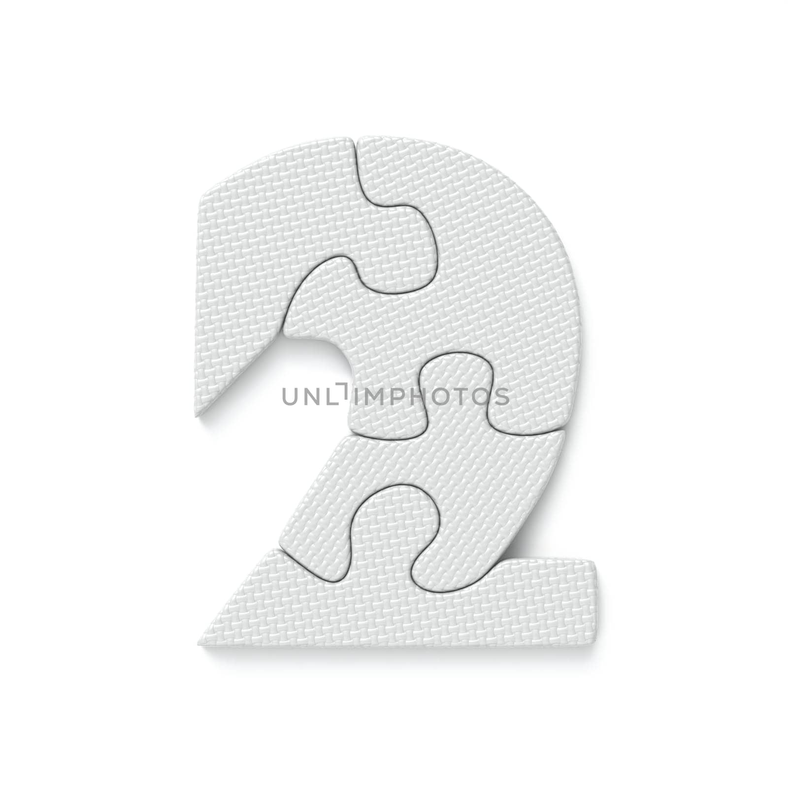 White jigsaw puzzle font Number 2 TWO 3D rendering illustration isolated on white background