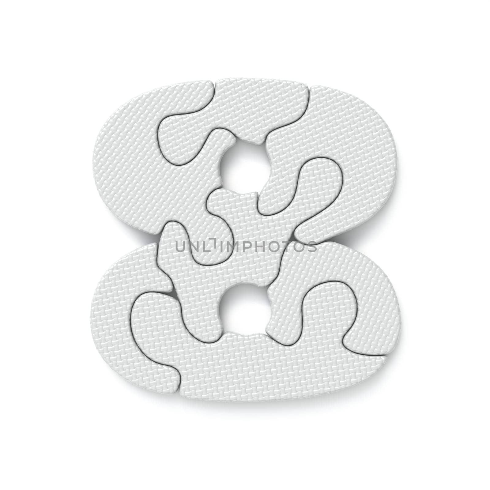 White jigsaw puzzle font Number 8 EIGHT 3D rendering illustration isolated on white background