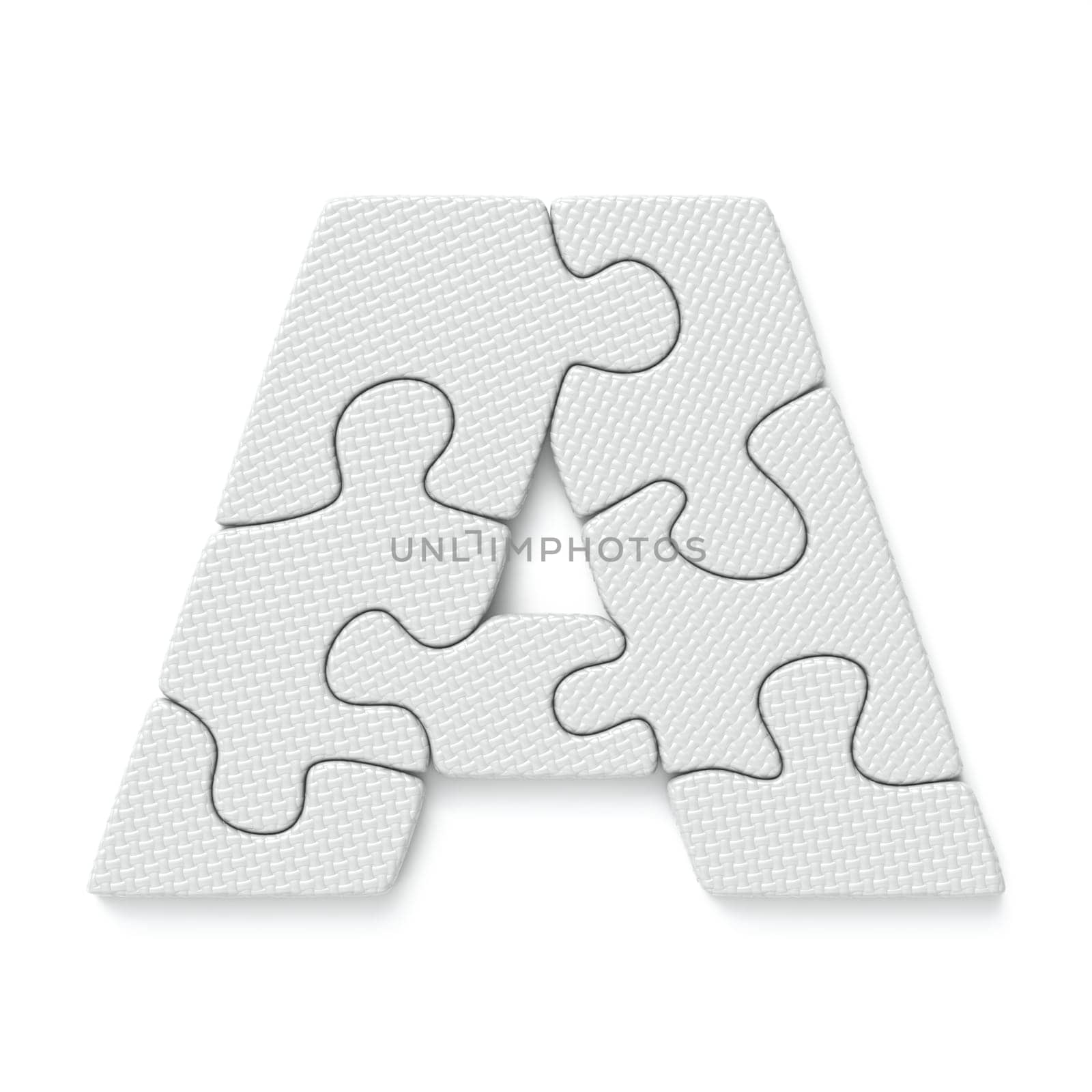 White jigsaw puzzle font Letter A 3D rendering illustration isolated on white background