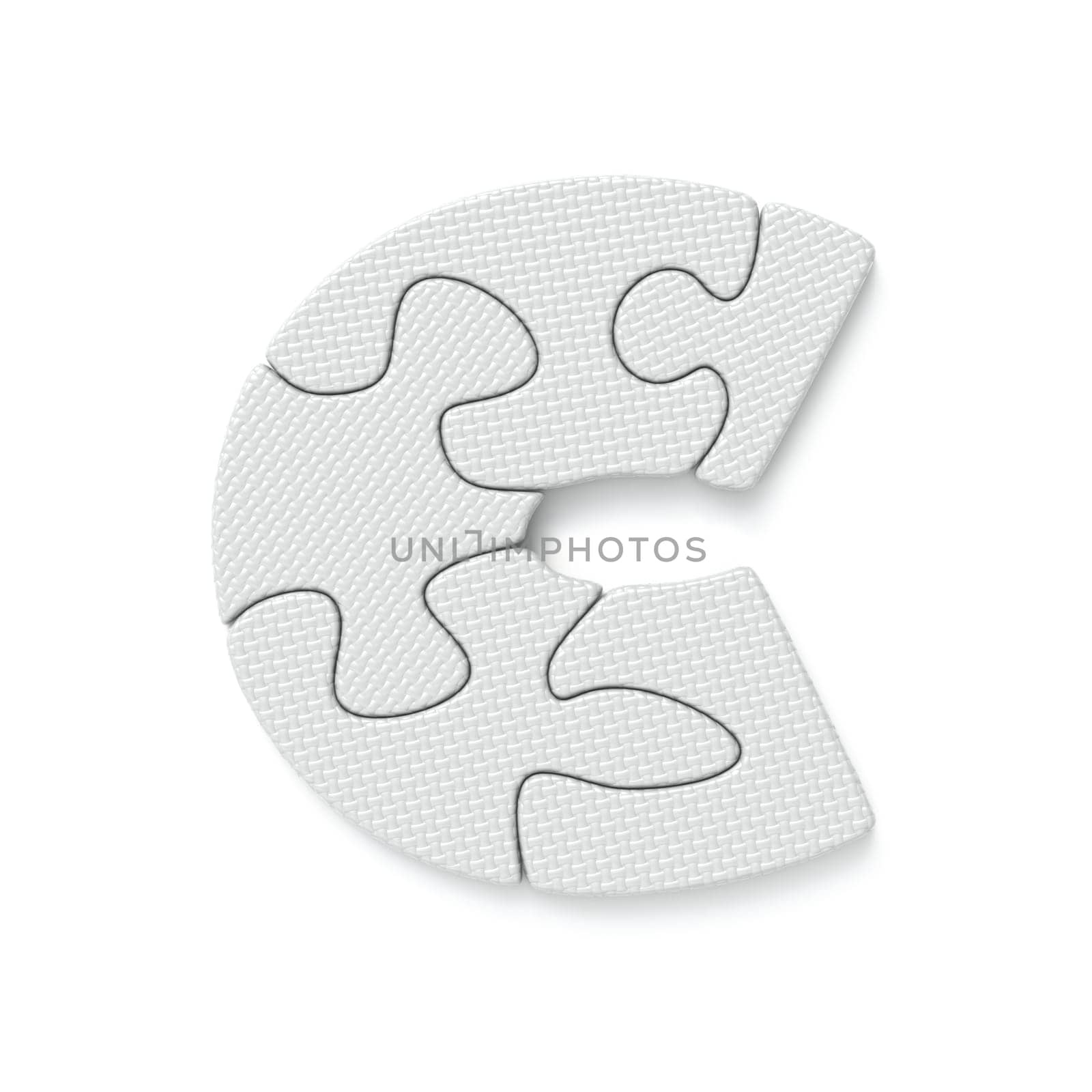 White jigsaw puzzle font Letter C 3D rendering illustration isolated on white background