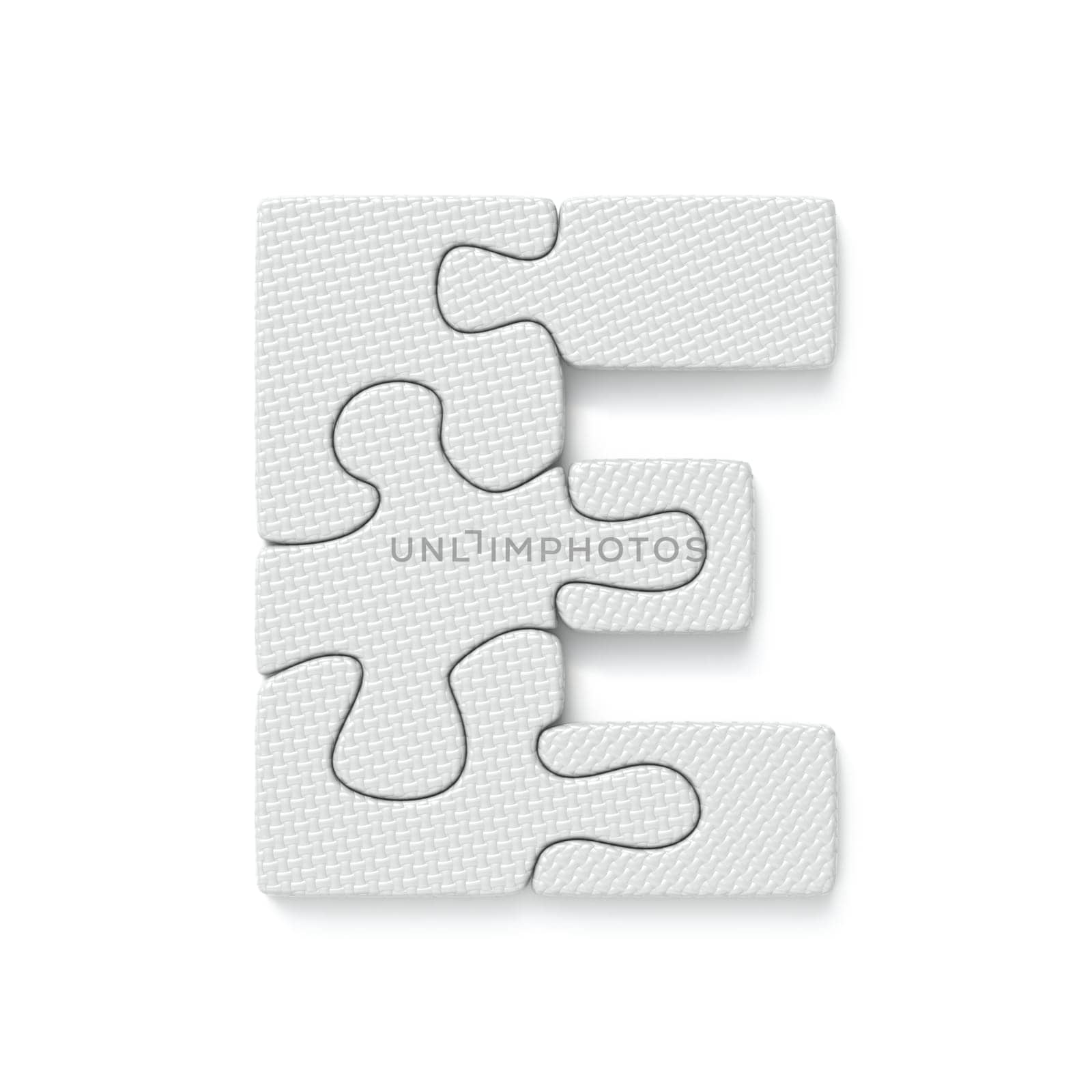 White jigsaw puzzle font Letter E 3D rendering illustration isolated on white background