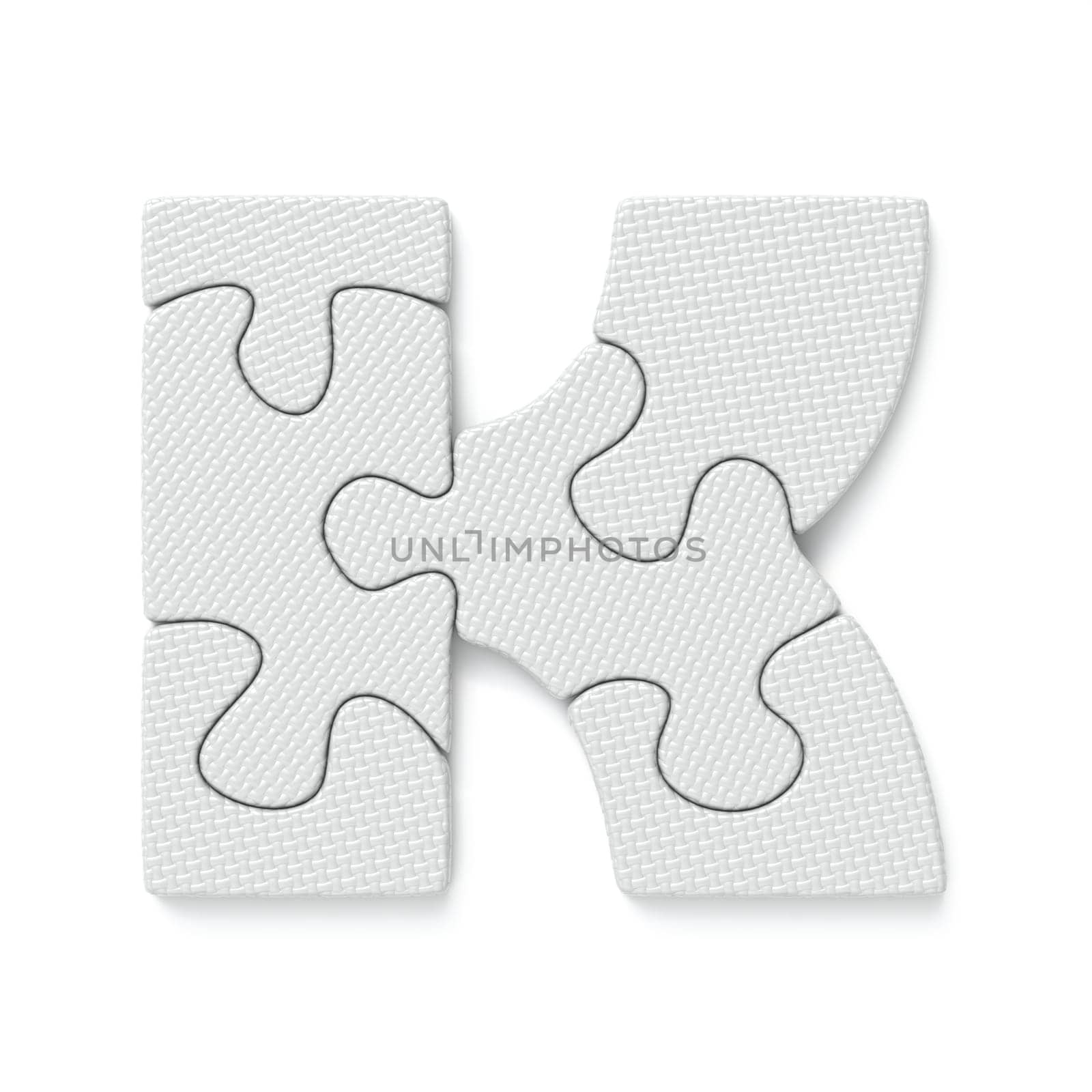 White jigsaw puzzle font Letter K 3D rendering illustration isolated on white background