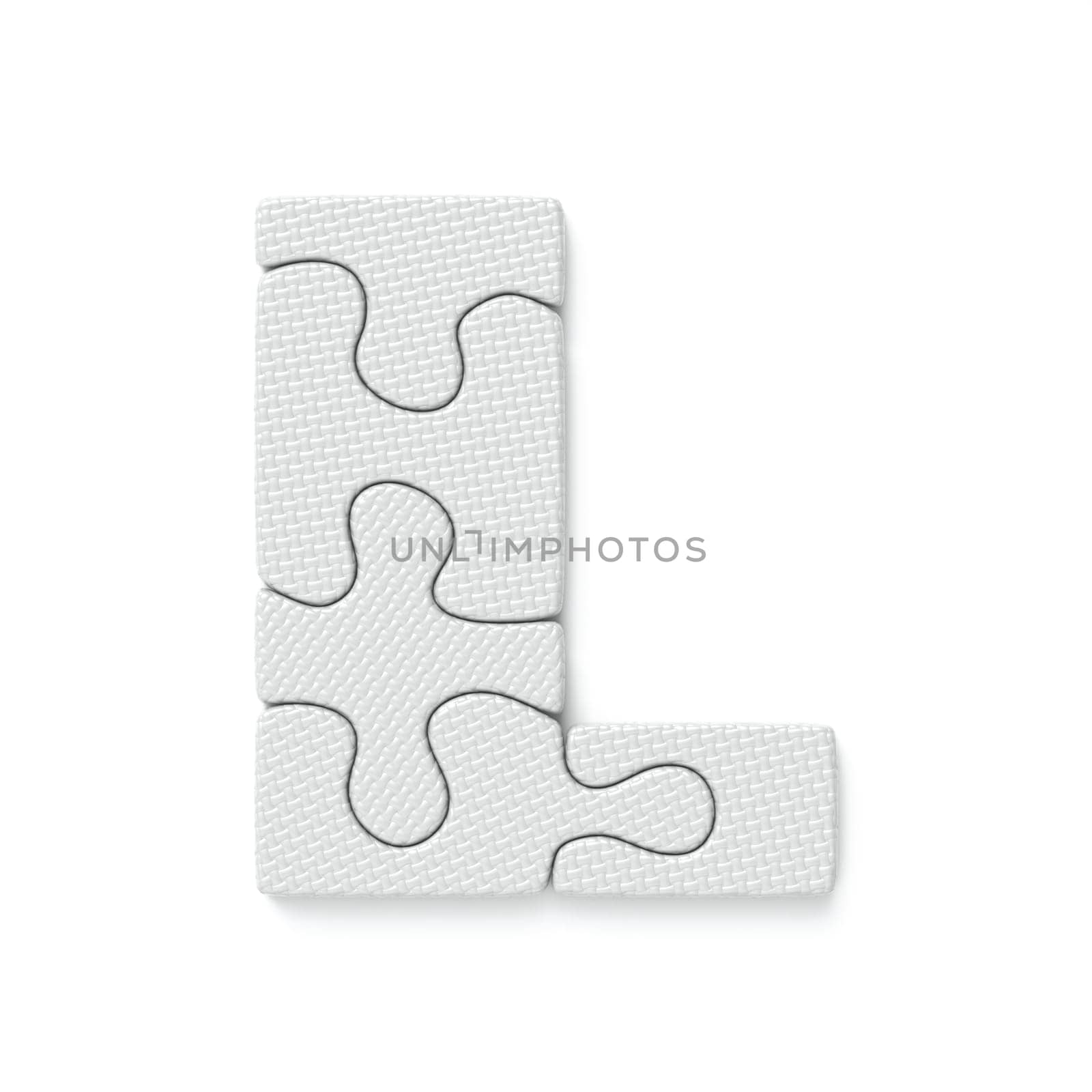 White jigsaw puzzle font Letter L 3D rendering illustration isolated on white background