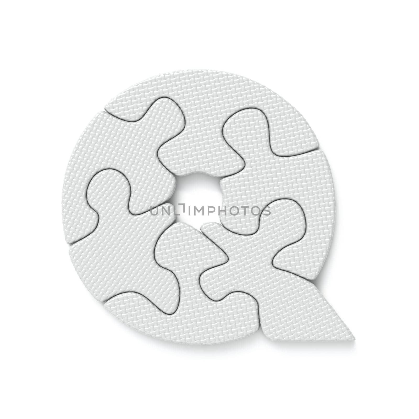 White jigsaw puzzle font Letter Q 3D rendering illustration isolated on white background