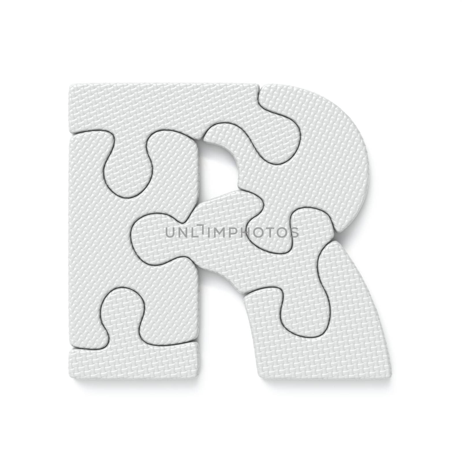 White jigsaw puzzle font Letter R 3D rendering illustration isolated on white background