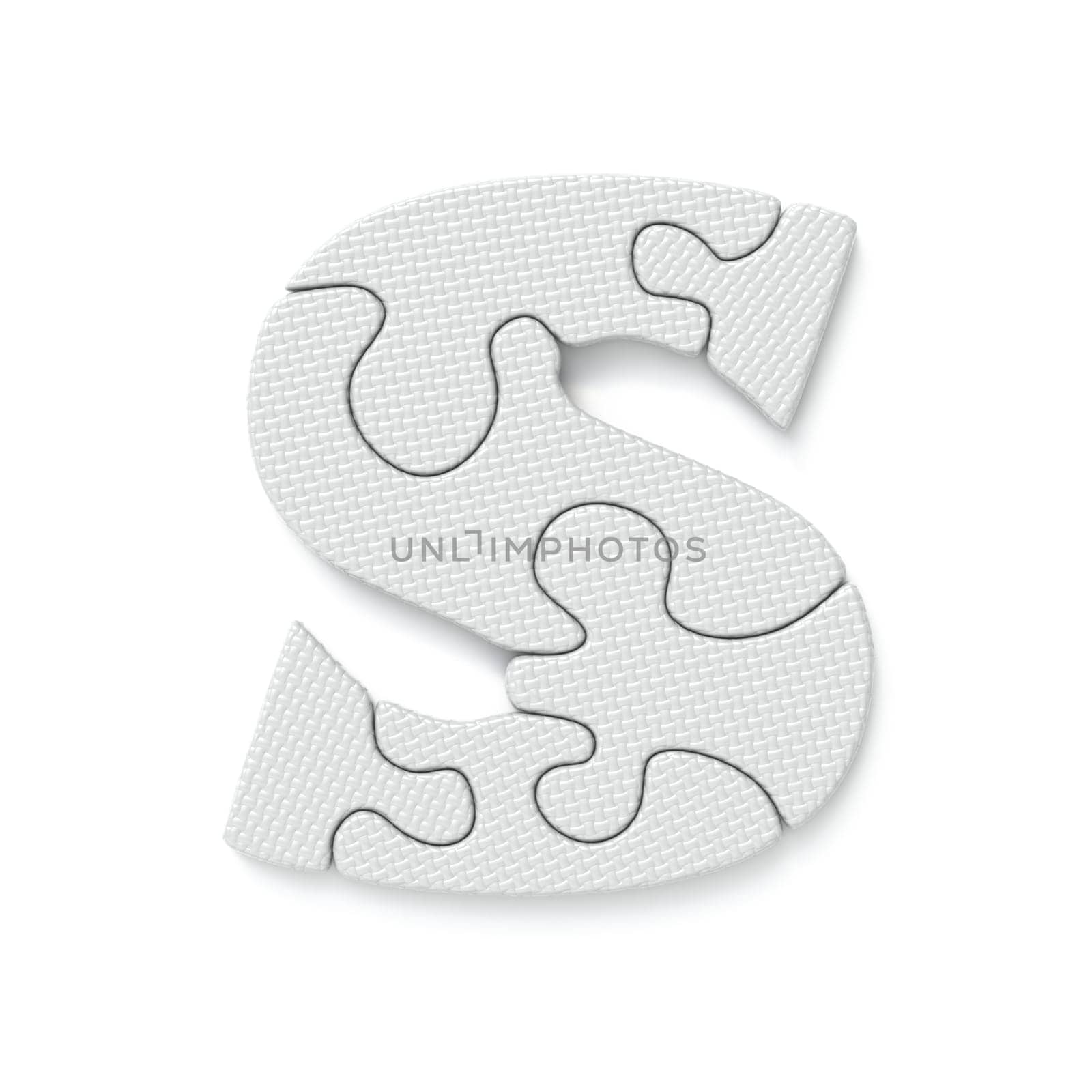 White jigsaw puzzle font Letter S 3D rendering illustration isolated on white background