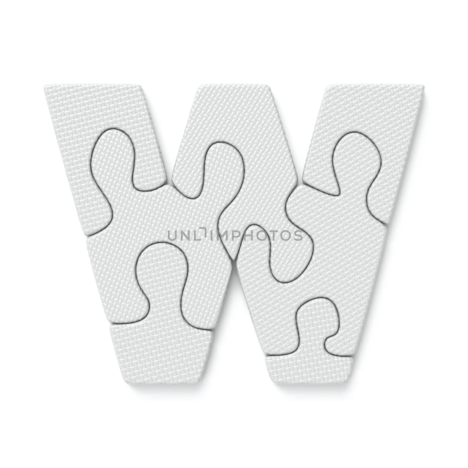 White jigsaw puzzle font Letter W 3D rendering illustration isolated on white background