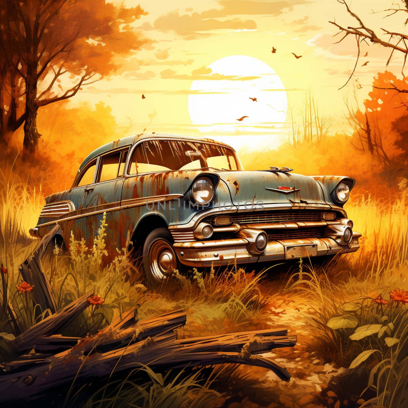 Step into the past with this vintage-style illustration of a weathered classic car restlessly parked in an overgrown field. The sun gracefully shines through a thick layer of rust on the body, casting warm rays that enhance the car's aged, faded glory. This artwork exudes elements of nostalgia and evokes a sense of a forgotten era.