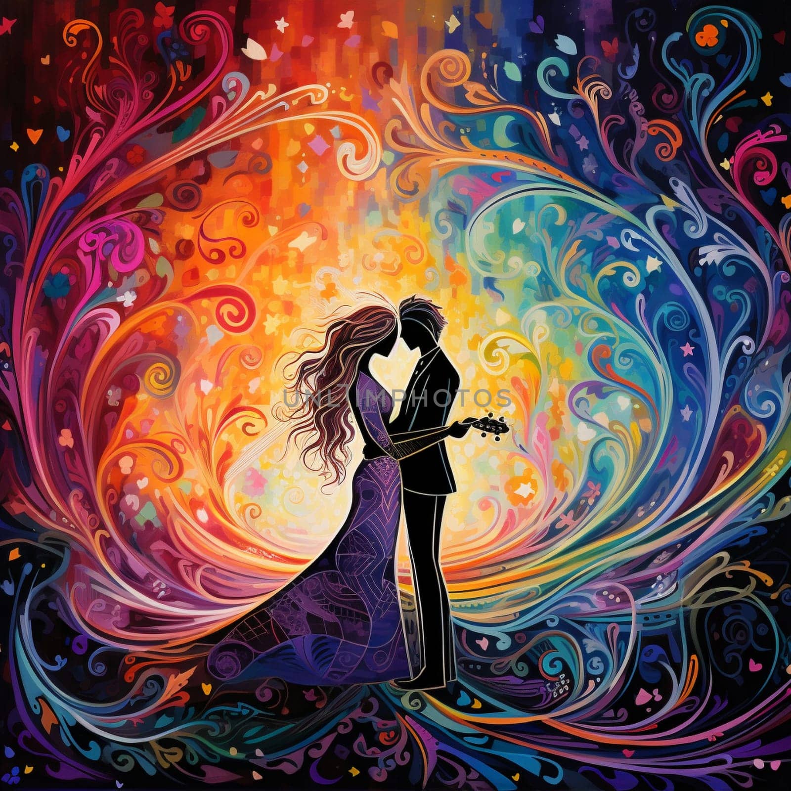 Step into a world of vibrant colors and whimsical art with this enchanting image. In the backdrop, a magical symphony of colorful musical notes and instruments creates a captivating scene, harmonizing in perfect unison behind the two characters. These characters represent different souls, coming together to exchange heartfelt vows. Radiating with an ethereal glow, they symbolize love and unity. One character exhibits a joyful playfulness, while the other emanates a serene and contemplative demeanor. Through their vows, these souls intertwine their destinies, leaving viewers captivated and inspired by the emotional beauty depicted in this vibrant and whimsical artwork.
