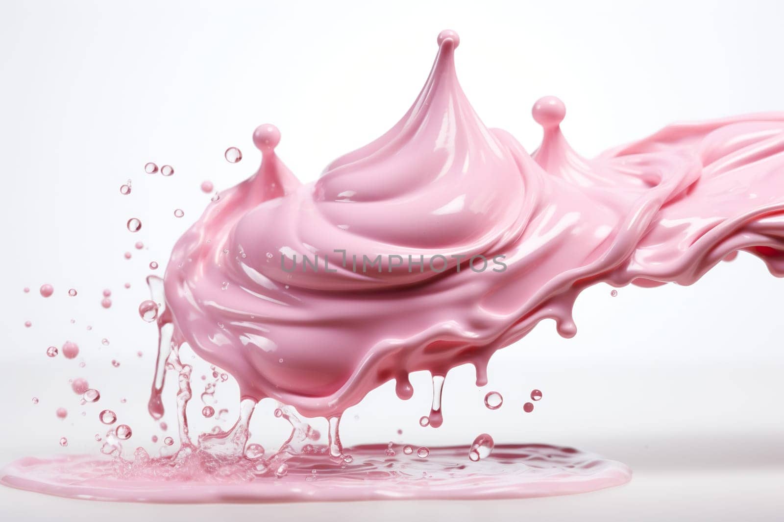 Pink confectionery glaze flows down on a white background. Generated by artificial intelligence by Vovmar
