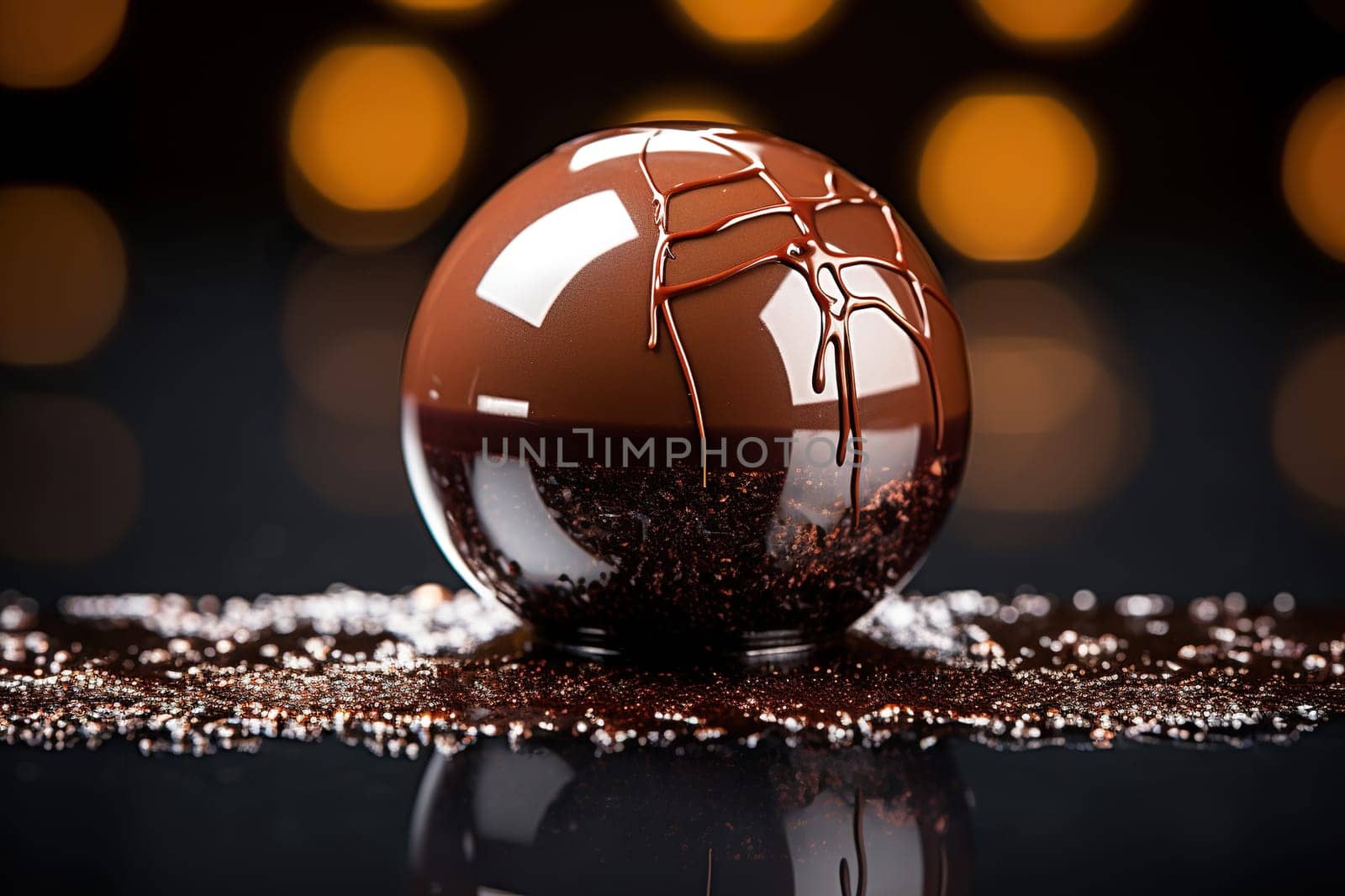 Chocolate sphere on a background with golden bokeh.