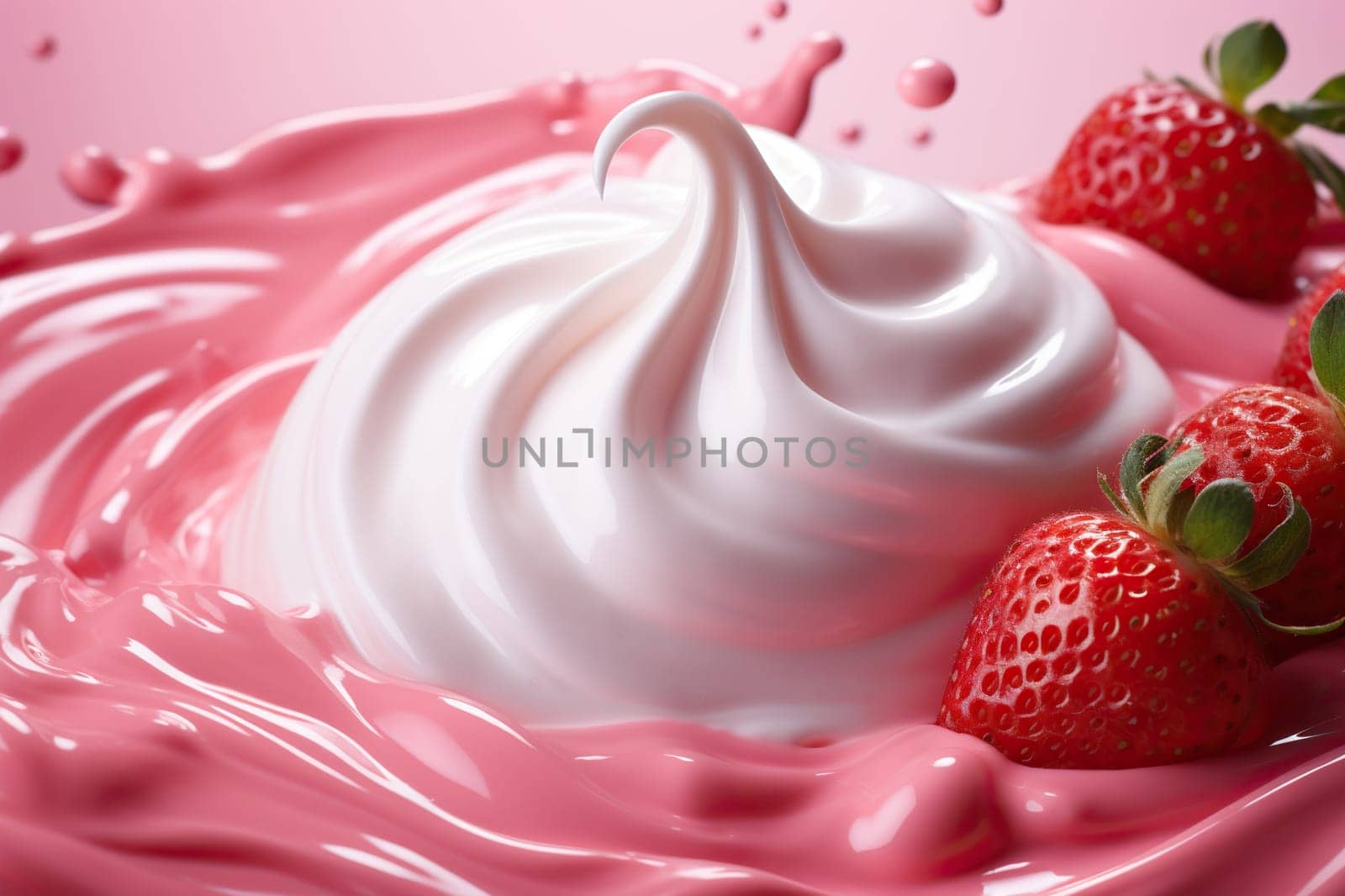 Ripe strawberries with cream, yogurt, top view.