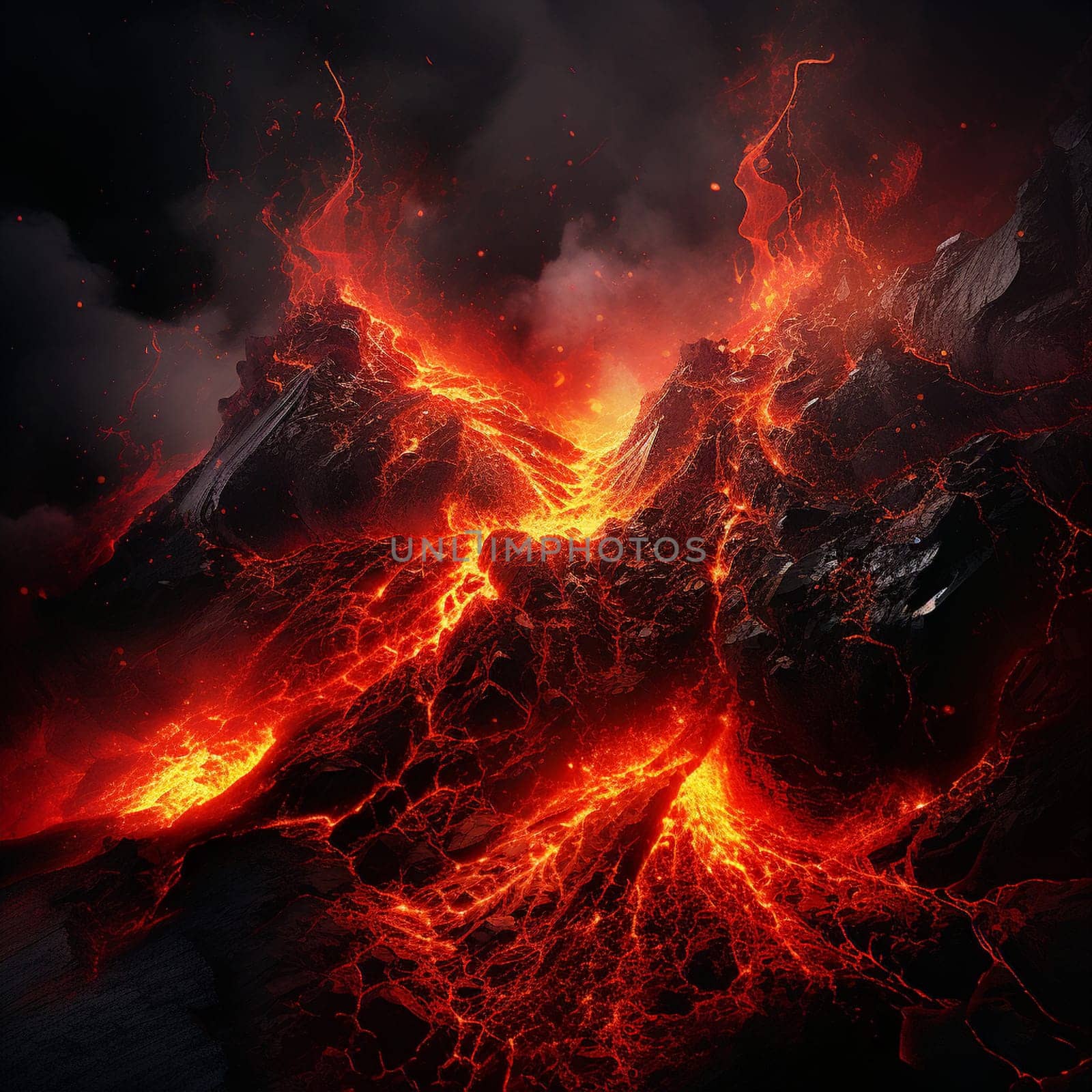 Witness the mesmerizing power of a volcanic eruption in this abstract art depiction titled 'Infernal Surge'. Vibrant tendrils of molten lava shoot up from the volcanic crater, illuminating the night sky with fiery hues. The eruption showcases a mix of awe-inspiring beauty and raw, destructive power, as rocks and ash are propelled into the atmosphere. Lava cascades down the mountainside, engulfing everything in its path, leaving a trail of destruction. This captivating image captures the intense contrast between the fiery red-hot lava and the dark, ominous background, creating a visual spectacle that demands attention. 'Infernal Surge' is perfect for microstock sites in search of dynamic and eye-catching imagery.
