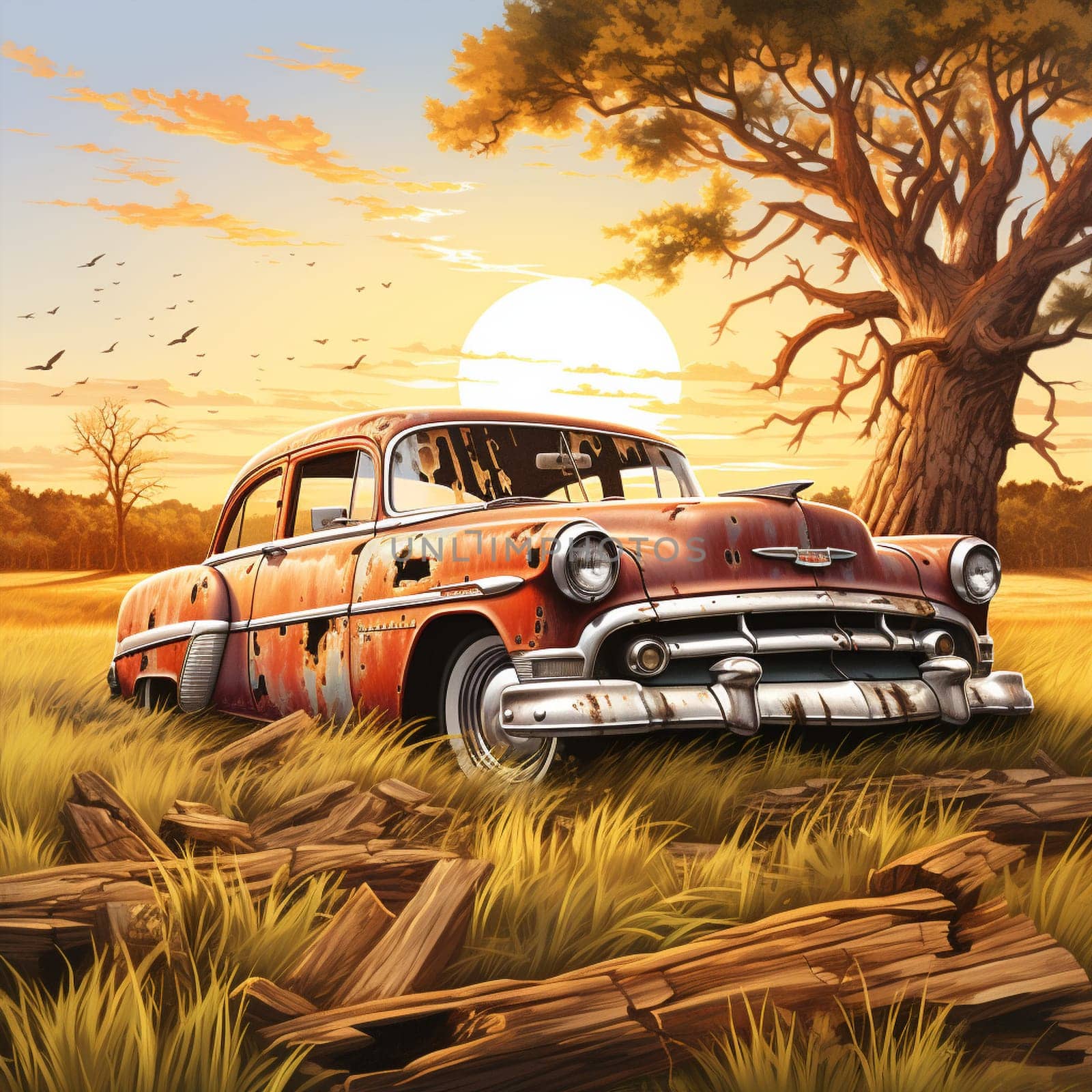 Step into the past with this vintage-style illustration of a weathered classic car restlessly parked in an overgrown field. The sun gracefully shines through a thick layer of rust on the body, casting warm rays that enhance the car's aged, faded glory. This artwork exudes elements of nostalgia and evokes a sense of a forgotten era.