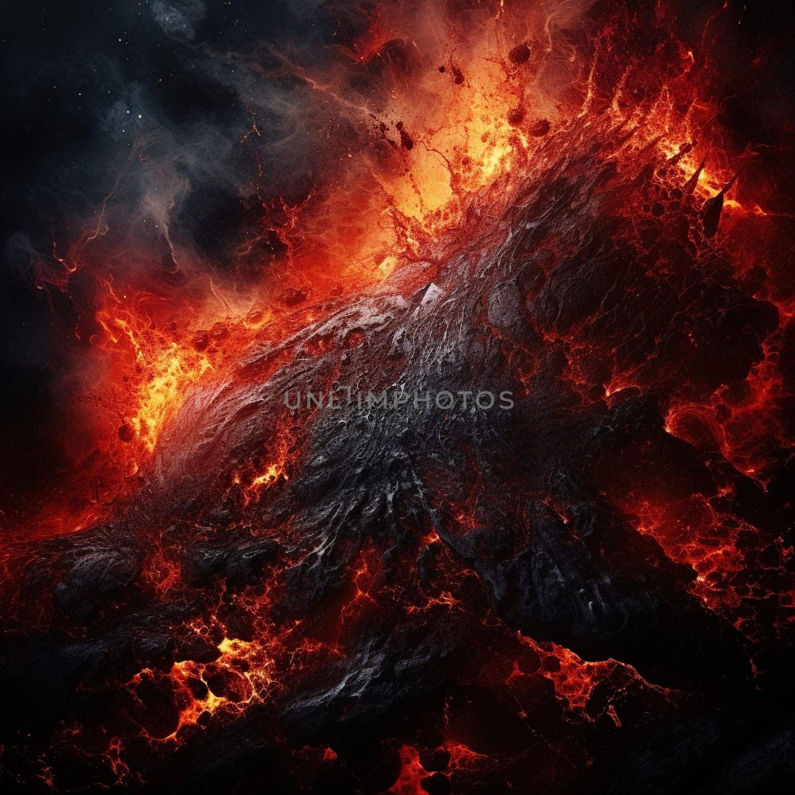 Witness the mesmerizing power of a volcanic eruption in this abstract art depiction titled 'Infernal Surge'. Vibrant tendrils of molten lava shoot up from the volcanic crater, illuminating the night sky with fiery hues. The eruption showcases a mix of awe-inspiring beauty and raw, destructive power, as rocks and ash are propelled into the atmosphere. Lava cascades down the mountainside, engulfing everything in its path, leaving a trail of destruction. This captivating image captures the intense contrast between the fiery red-hot lava and the dark, ominous background, creating a visual spectacle that demands attention. 'Infernal Surge' is perfect for microstock sites in search of dynamic and eye-catching imagery.