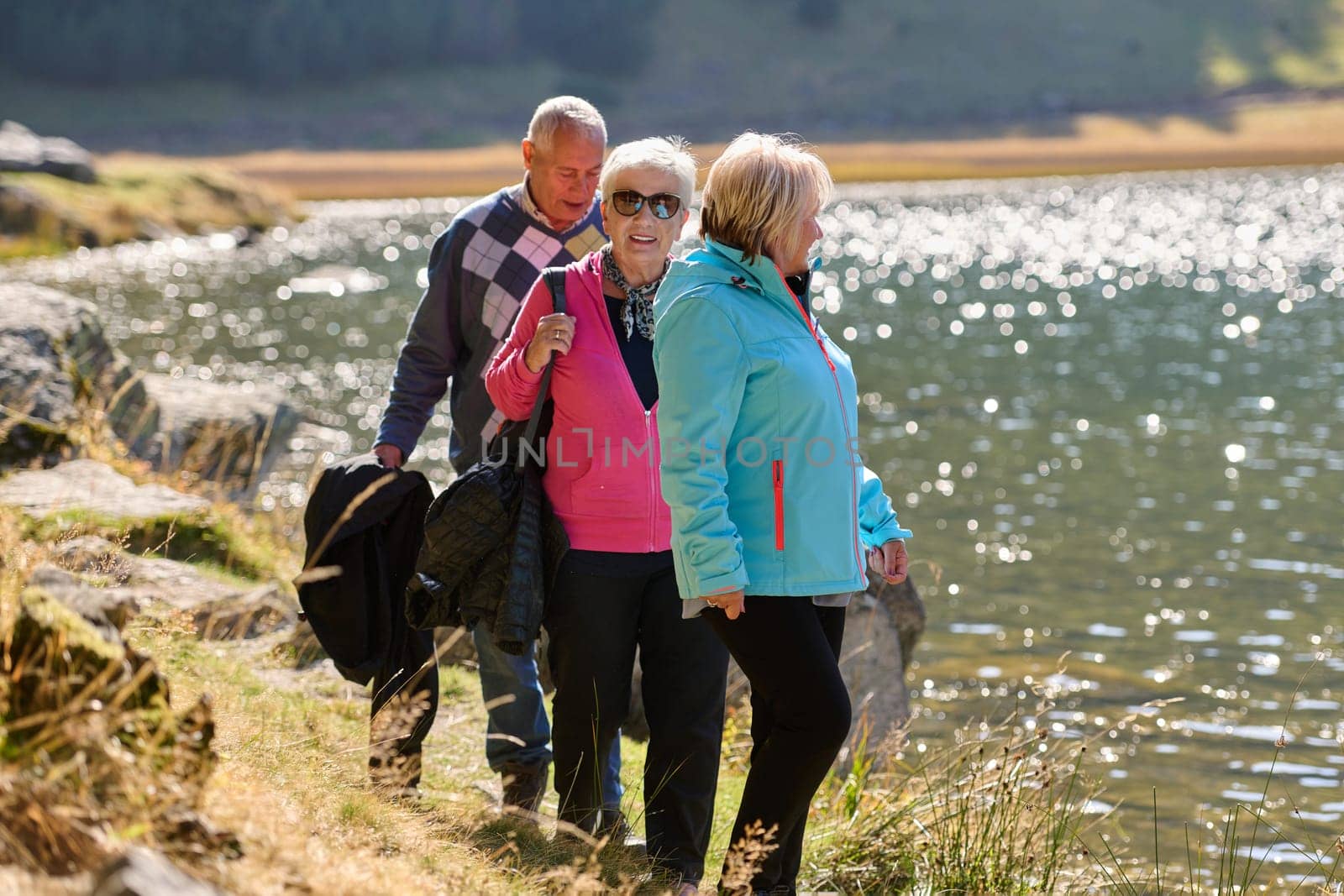 A family shares delightful moments with their friends amid the stunning landscapes of mountains, lakes, and winding paths, promoting a healthy lifestyle and the joy of familial bonds in the embrace of nature's beauty.