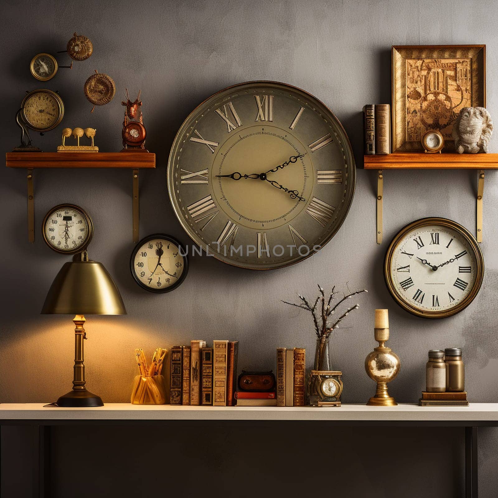 Step into the past with this realistic art style image featuring a collection of vintage clocks arranged on a wooden shelf. The backdrop is a cozy vintage-themed interior that evokes a sense of nostalgia and warmth. Each clock in the collection showcases unique designs, with intricate details and retro aesthetics. The clocks vary in size, shape, and style, ranging from ornate classical designs to sleek mid-century modern styles. The lighting in the scene emphasizes warm tones, enhancing the nostalgic ambiance. A soft focus effect adds to the sentimental atmosphere of the image.