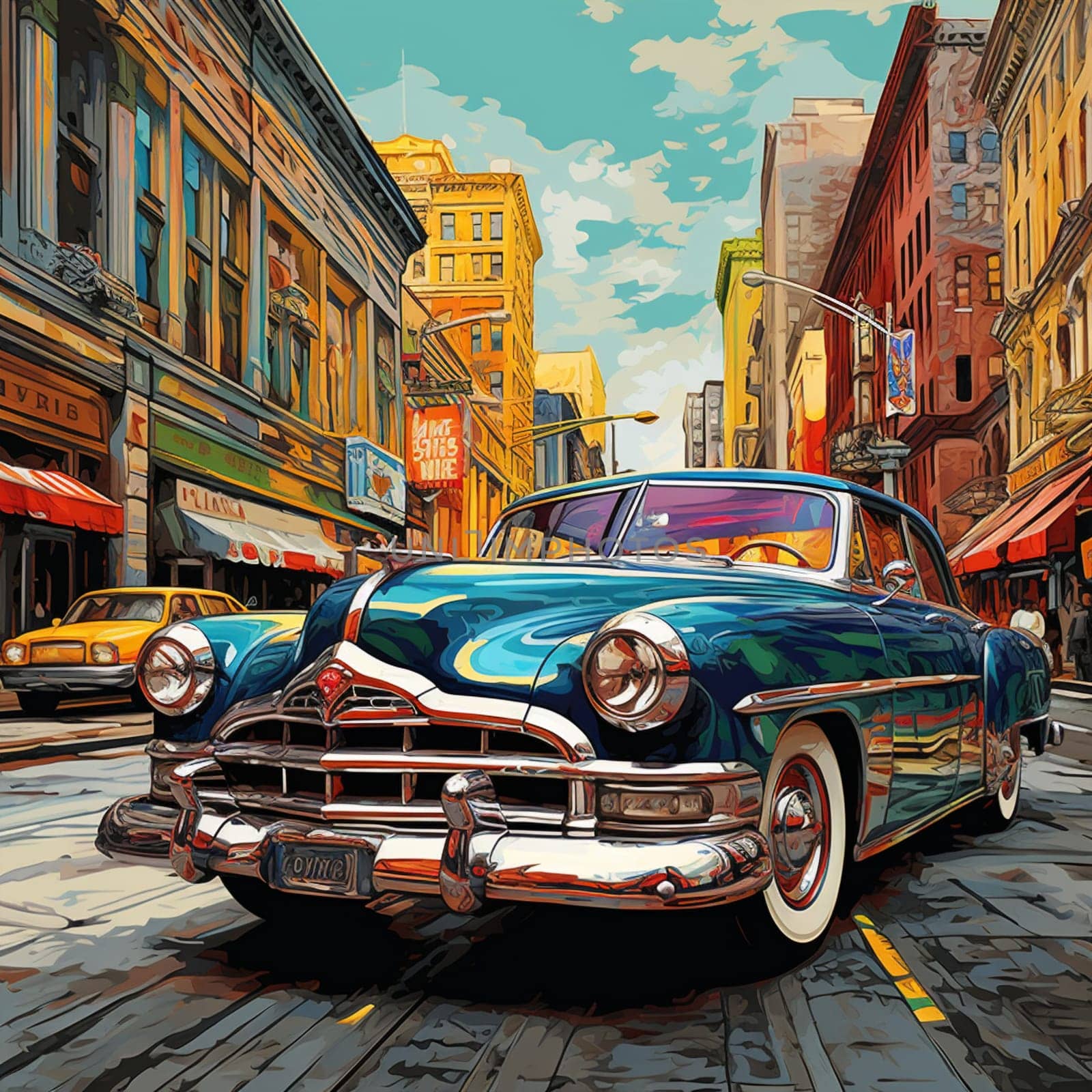 Experience the thrill of automotive history with this stunning image inspired by the title, 'Revolutionary Wheels: The Vintage Car Revolution.' Immerse yourself in a vibrant, bustling city street, where a majestic vintage car is parked, capturing the nostalgic spirit of an era defined by extraordinary automotive innovation. The art style blends realism and a touch of artistic flair, highlighting the intricate details of the car's design, while the vibrant colors and dynamic surroundings emphasize the energy of the scene. Get ready to feel the excitement, admiration, and a longing for the iconic vehicles that shaped the automotive industry.
