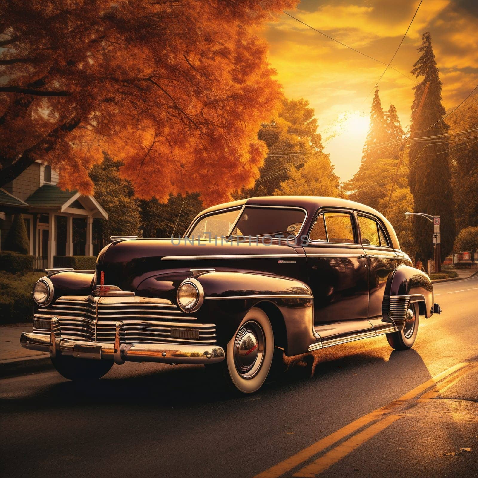 Step into the past with this captivating image of a vintage car in a nostalgic art style, capturing the essence of its bygone era. The vintage car is portrayed against a scenic backdrop, resembling a serene countryside road or a vintage city street with quaint buildings. The image exudes a warm, sepia-toned ambiance, enhancing the perception of nostalgia.