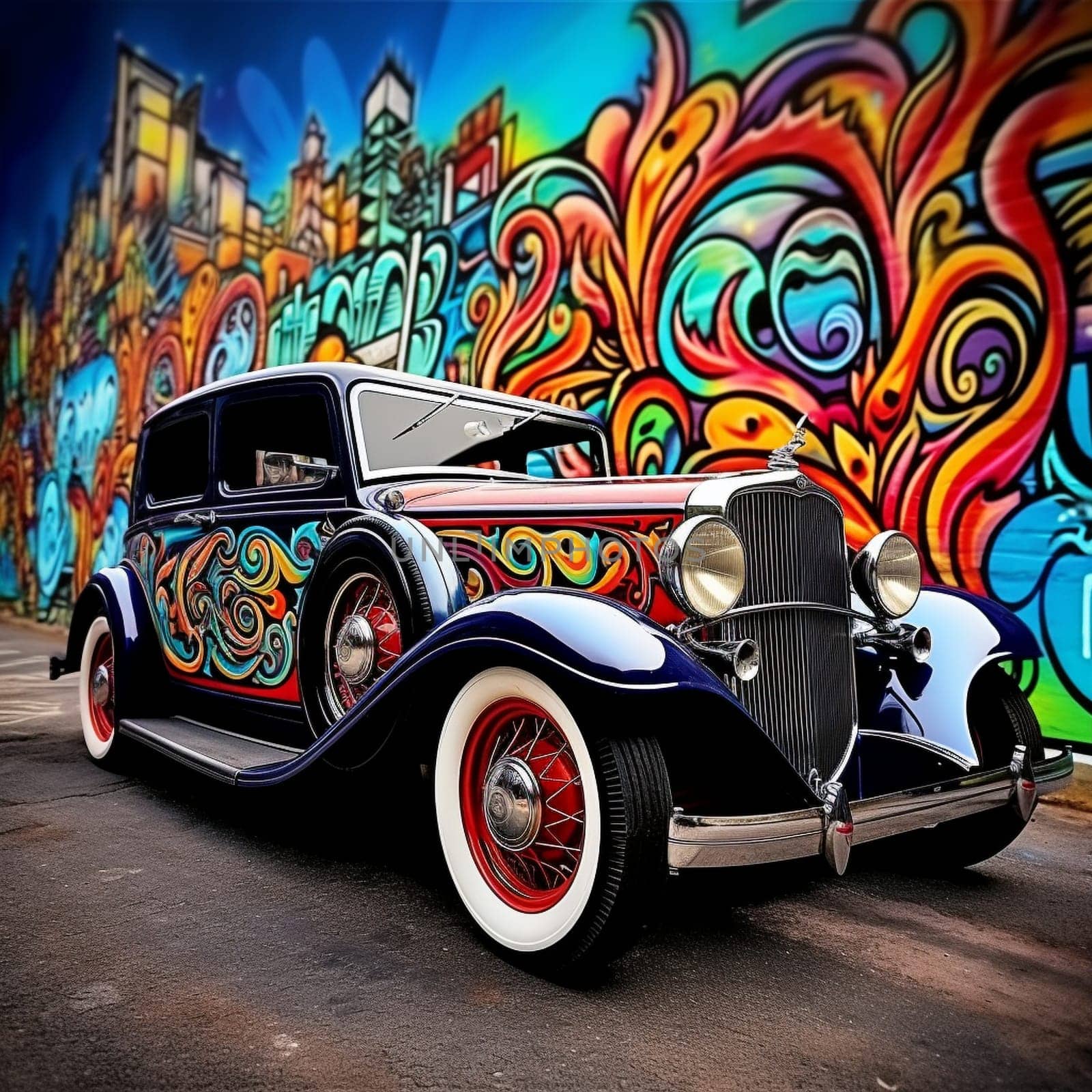 Step into the world of classic automobiles with this vibrant artwork titled 'Classic Lines, Endless Inspiration'. This piece captures the timeless beauty and allure of vintage cars, adorned with vivid graffiti art against a bustling urban backdrop. The bold and colorful art style, reminiscent of street art, adds a contemporary twist to the nostalgia-filled scene. Immerse yourself in the energy and creativity of this artwork, where classic lines meet endless inspiration.