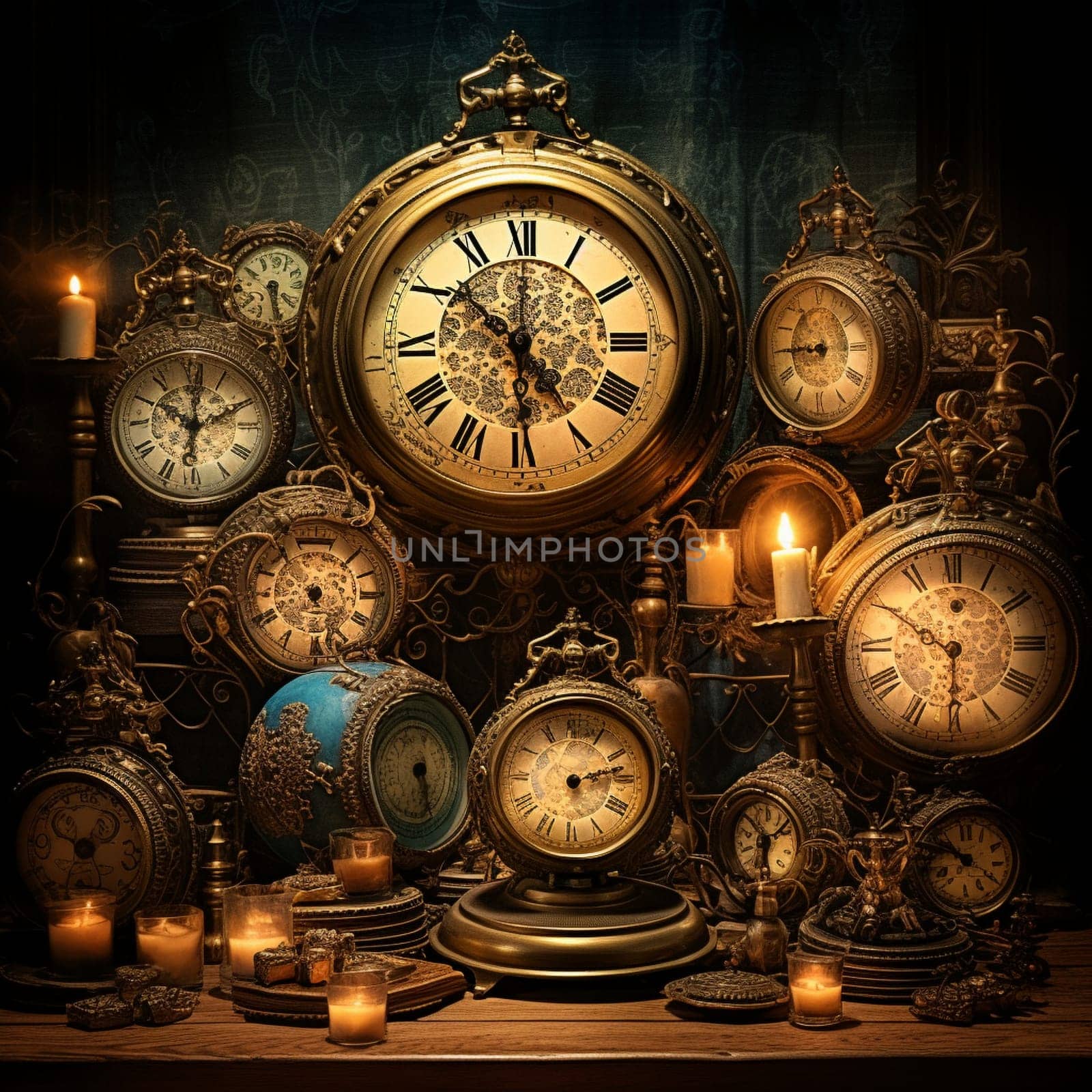 Step into the enchanting world of vintage clocks with 'Whispers of the Past: Vintage Clocks in Silent Glory.' This captivating image portrays a dimly lit room, brimming with the silent beauty of antique clocks of various shapes and sizes. The artistic lighting enhances the ambiance, casting a nostalgic glow that transports the viewer into a bygone era. Each clock is meticulously crafted with intricate details, which are artfully highlighted, inviting closer inspection. This image captures the essence of time standing still, evoking a sense of nostalgia and wonderment.