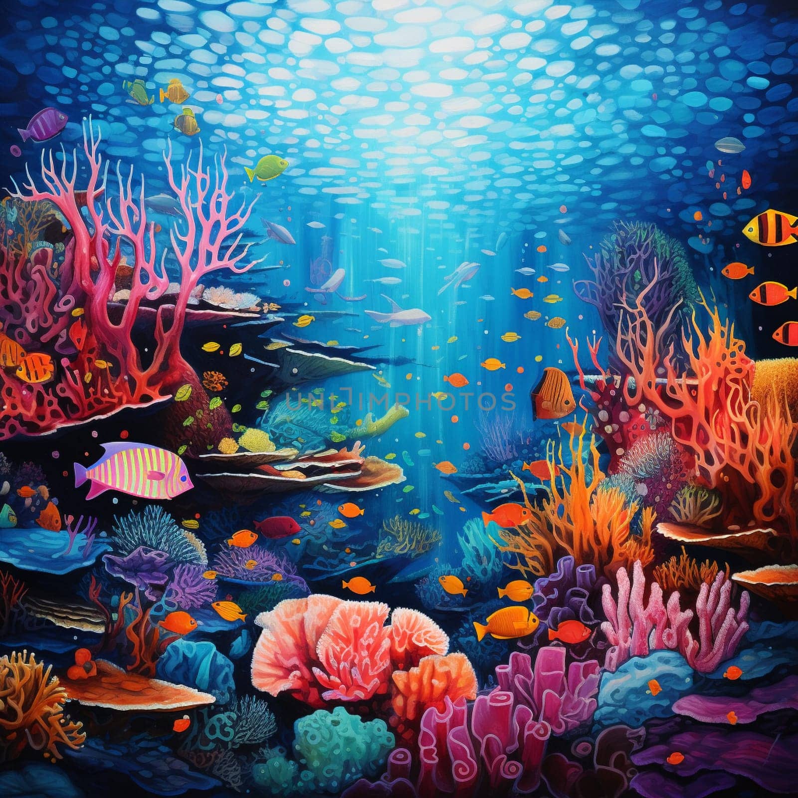 Immerse yourself in the enchanting world of this surreal underwater scene! Inspired by the artistic style of pointillism, vibrant coral reefs fuse together to form intricate patterns reminiscent of a kaleidoscope. The diverse range of coral species bursts with an array of colors, from vibrant pinks and oranges to cool blues and purples. The marine life surrounding the reefs adds depth and dynamism to the composition, with schools of tropical fish darting through the corals, creating pops of contrasting colors against the backdrop of crystal-clear turquoise waters. Prepare to be visually stunned by the mesmerizing beauty of the underwater world, evoking a sense of awe and wonder.