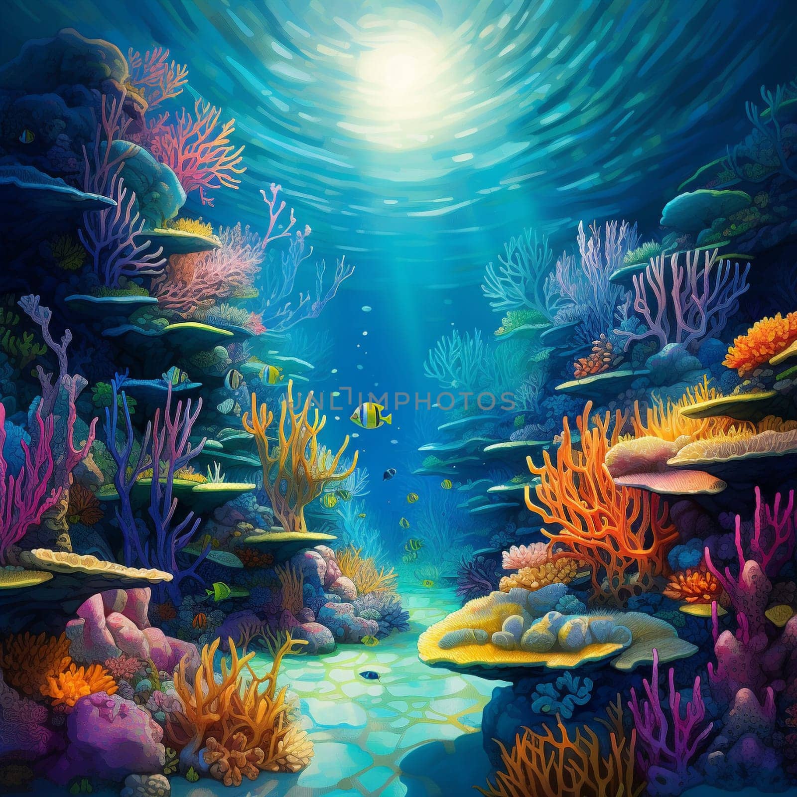 Embark on a mesmerizing visual journey into the enigmatic fathoms of the ocean with this surreal representation in an impressionist art style. The image captures the awe-inspiring beauty of underwater life, featuring vibrant colors and ethereal lighting that transport viewers to tropical coral reefs, where exotic sea creatures dwell amidst mysterious underwater caves. Encapsulating the untamed mysteries that lie beneath the ocean's surface, this artwork evokes a sense of wonder and curiosity, leaving viewers captivated by the unknown wonders of the deep sea.