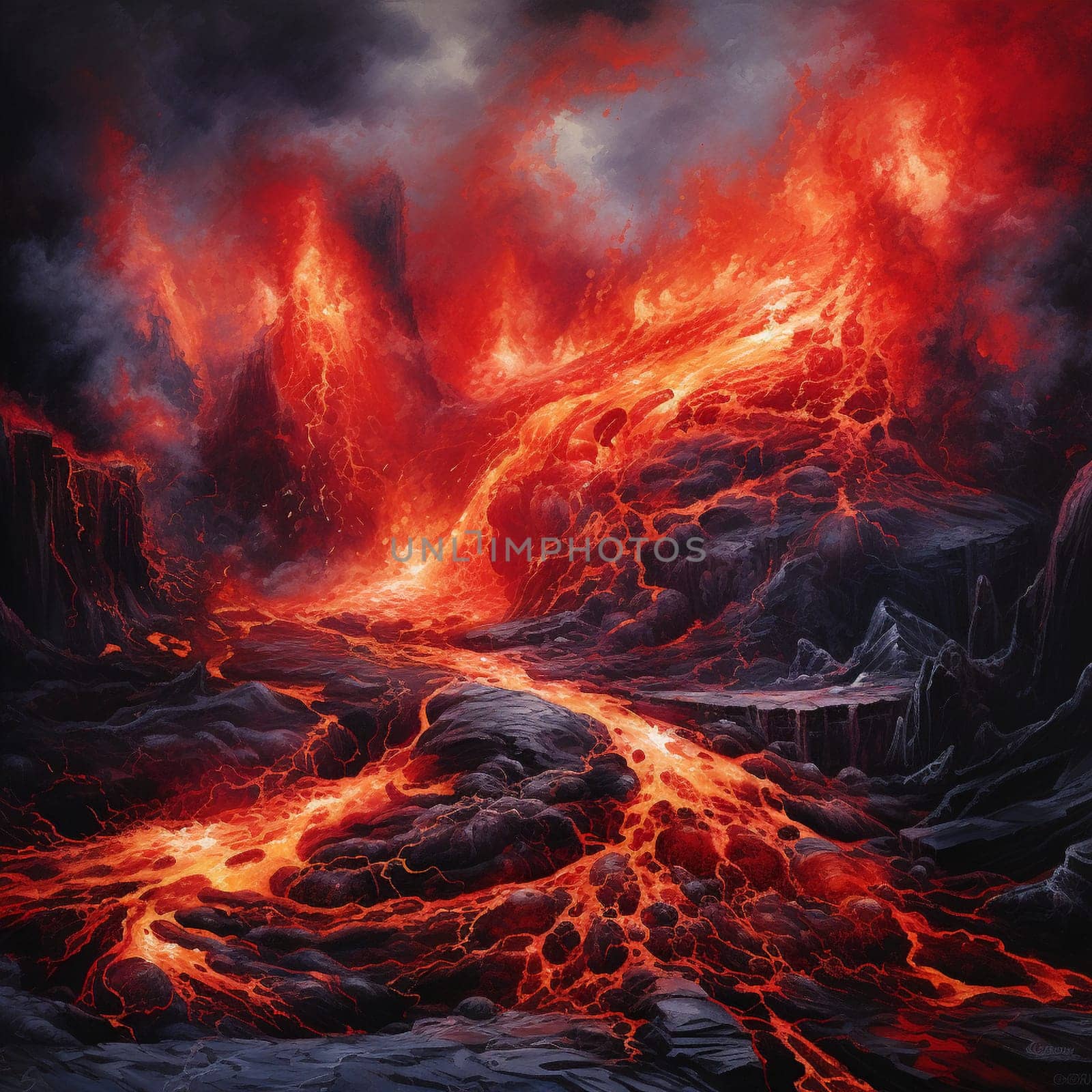 Feel the intense power and unstoppable force of a volcanic eruption with this captivating artwork titled 'Eruption's Torrent'. This art piece captures the raw energy and destruction unleashed during volcanic eruptions. Experience the chaos and beauty of nature as molten lava bursts forth from the Earth's core, engulfing the surroundings in a fiery torrent.