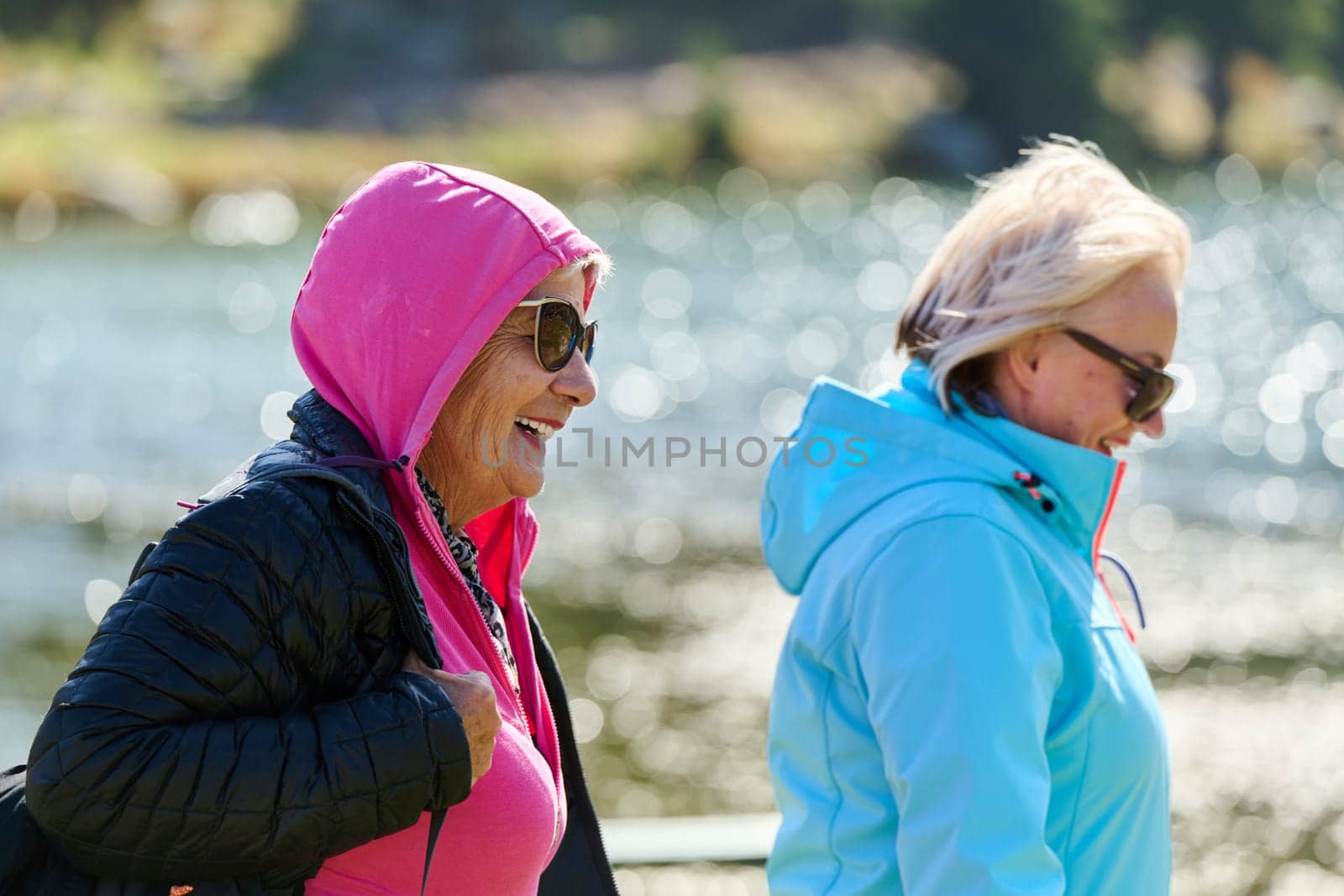 Senior friends enjoys a leisurely stroll in nature, immersed in joyous conversation, surrounded by the serenity of the outdoors, and creating timeless memories of companionship amidst the scenic beauty of the countryside.