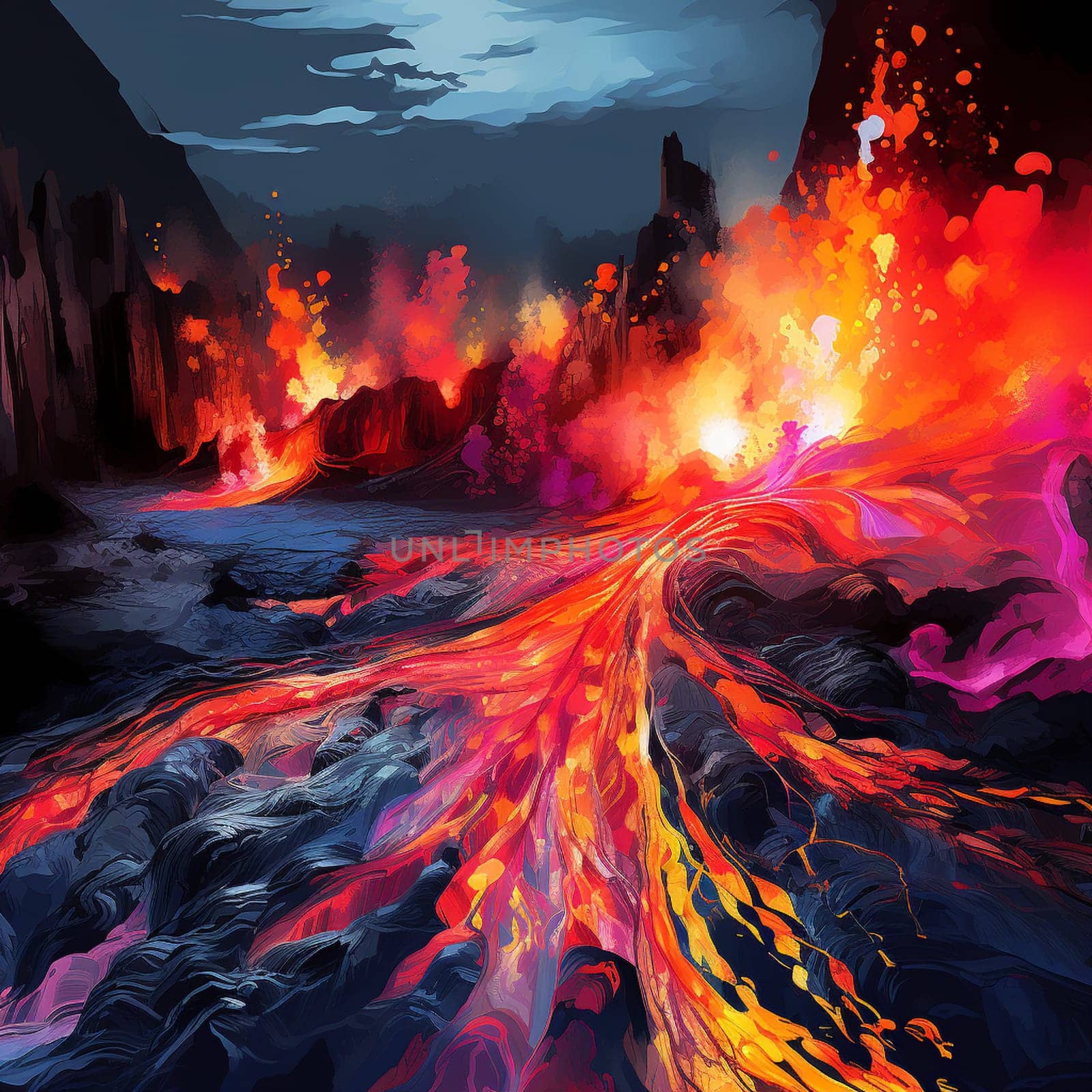 Experience the mesmerizing beauty and raw power of nature's fiery embrace in this surreal and abstract image of a volcanic eruption. Vibrant, swirling colors mingle with cascading lava streams, creating a captivating portrayal that evokes a sense of both awe and danger. The art style is reminiscent of Impressionism, with bold brushstrokes and a dreamlike quality that adds to the visual impact. There are no identifiable landmarks or trademarks, allowing the focus to solely remain on the stunning portrayal of this unique volcanic phenomenon.