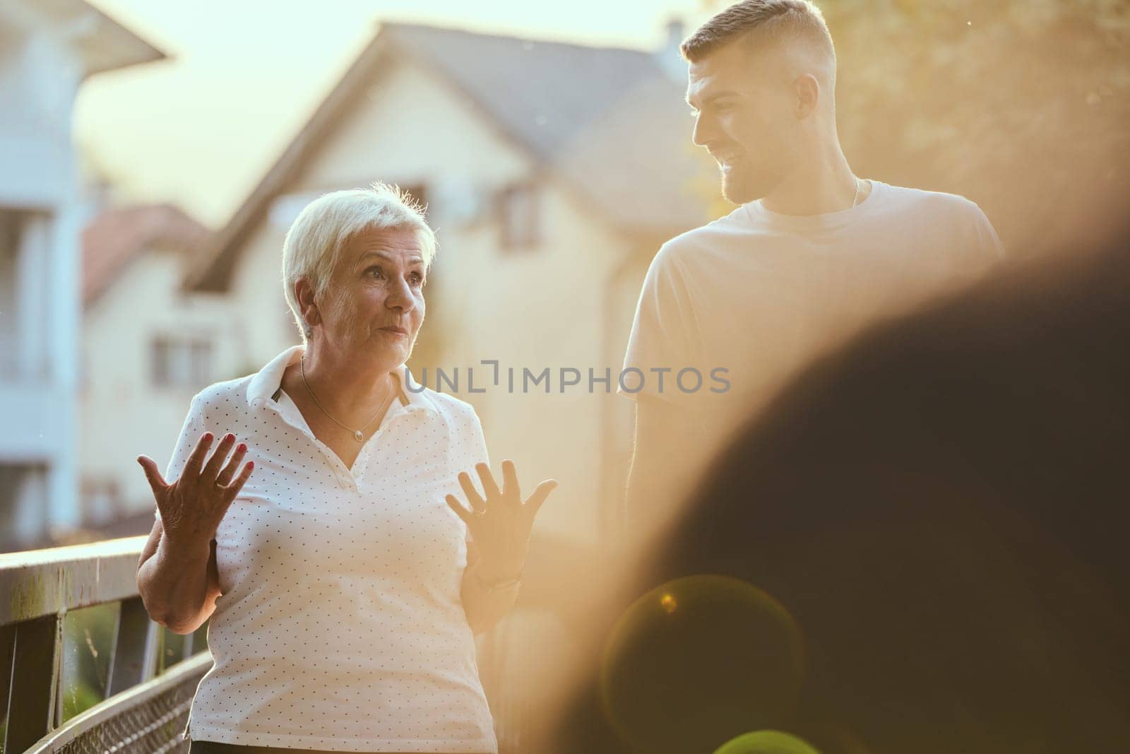 A handsome man and an older woman share a serene walk in nature, crossing a beautiful bridge against the backdrop of a stunning sunset, embodying the concept of a healthy and vibrant intergenerational life. by dotshock