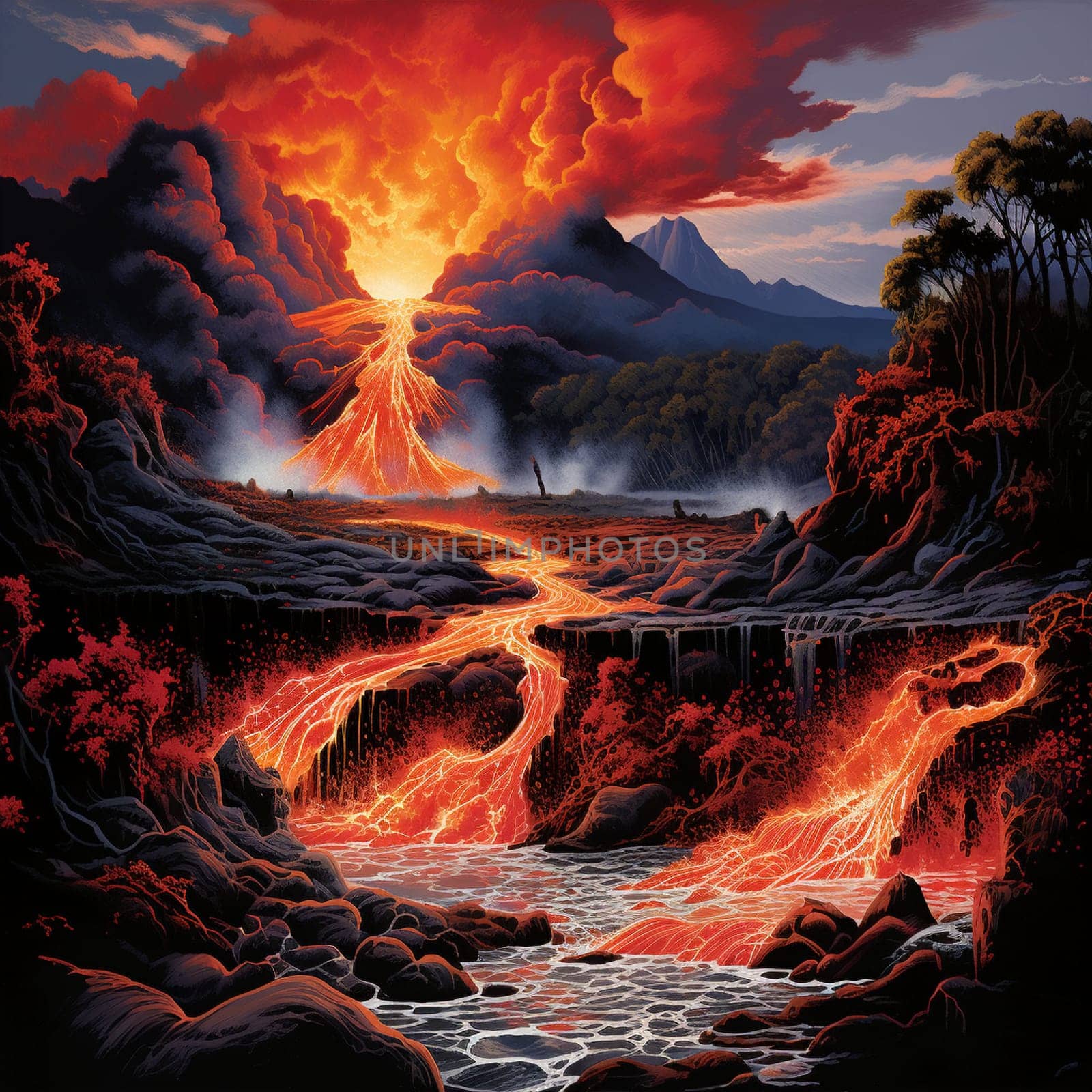 Experience the awe-inspiring power of nature with this visually striking image titled 'Lava Cascade.' Depicting a volcanic eruption, this artwork will transport viewers into the heart of a mesmerizing scene. Witness as a torrent of molten lava cascades down the slopes of a powerful volcano, showcasing the raw heat, destructive power, and sheer beauty of nature's fury. The vibrant colors, captivating composition, and intricate details of this realistic art style will captivate viewers and leave them in awe of the immense forces at play. This image is perfect for microstock sites, where it will undoubtedly attract attention and make a lasting impression.
