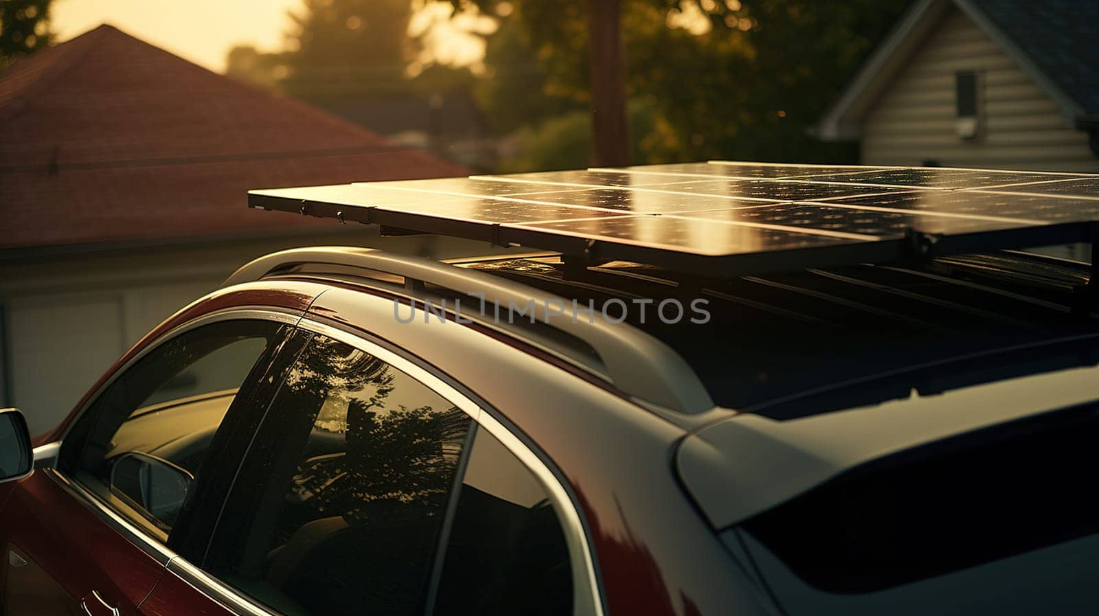 car with solar panels on the roof, use of modern technologies in everyday life, environmentally friendly method of energy production, high quality photo