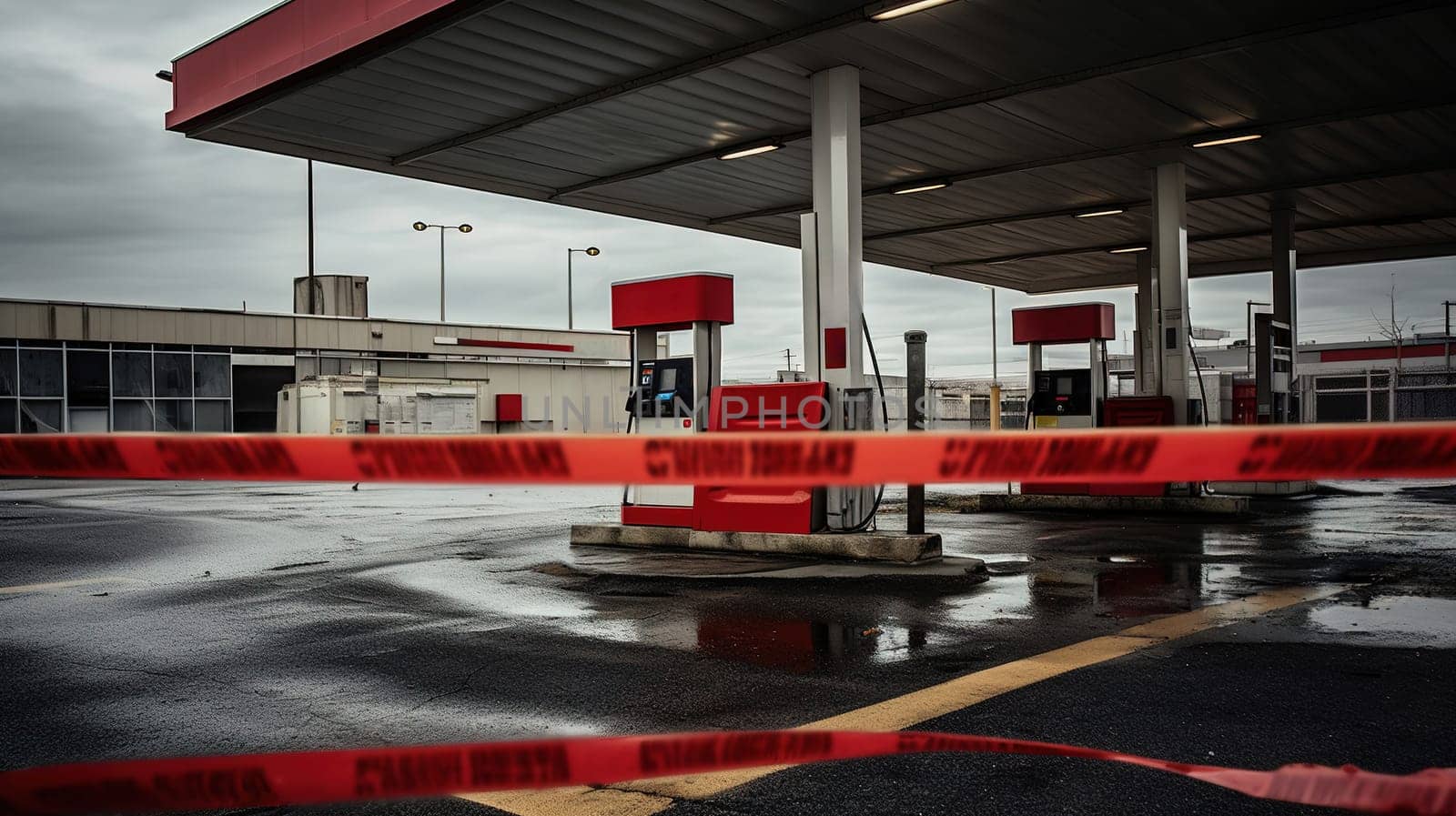 closed gas station without fuel, passage closed with red barrier tapes, gray hopeless morning, energy crisis by KaterinaDalemans