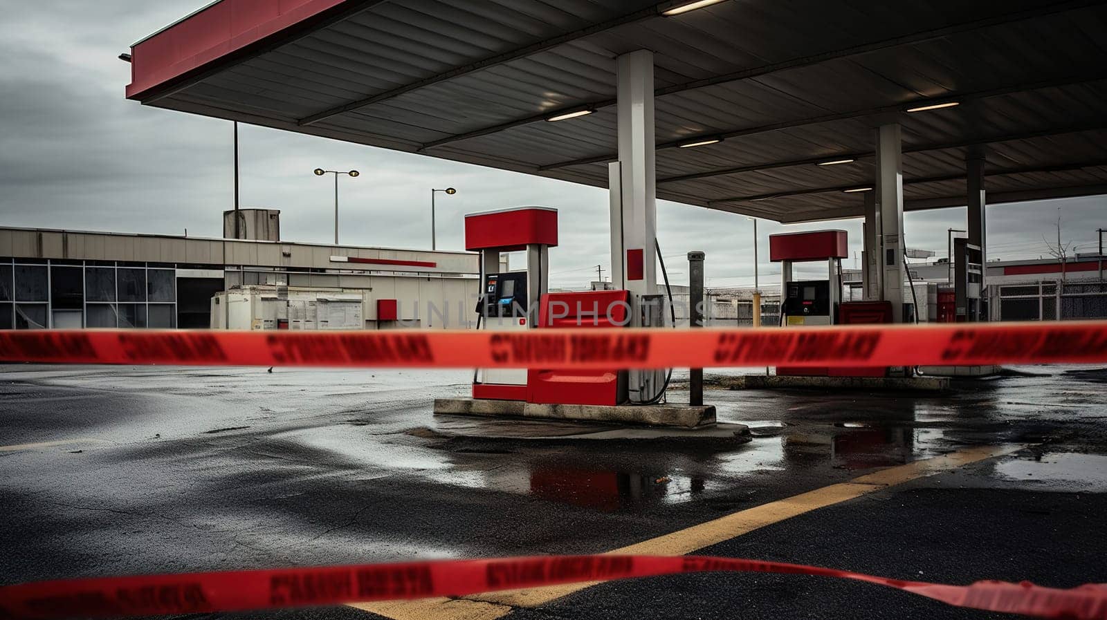 closed gas station without fuel, passage closed with red barrier tapes, gray hopeless morning, absence of people and cars, energy crisis, high quality photo