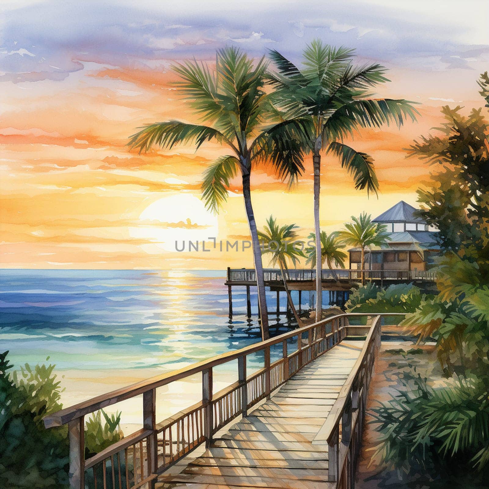Immerse yourself in the serene beauty of nature with this traditional watercolor painting. 'Azure Reflections' captures the essence of a coastal scene at sunset, where the ocean mirrors the breathtaking colors of the sky. The calm waves rhythmically lap against the shore, creating a soothing atmosphere. A picturesque beach with soft, golden sands is surrounded by lush green foliage and tall palm trees, inviting you to unwind and relax. In the distance, a small wooden dock extends into the water, emphasizing the tranquil environment. The sky is adorned with warm hues of orange, pink, and purple as the sun gracefully sets below the horizon, casting a shimmering reflection on the water's surface. A few seagulls soar above, completing the peaceful ambiance of this scene.