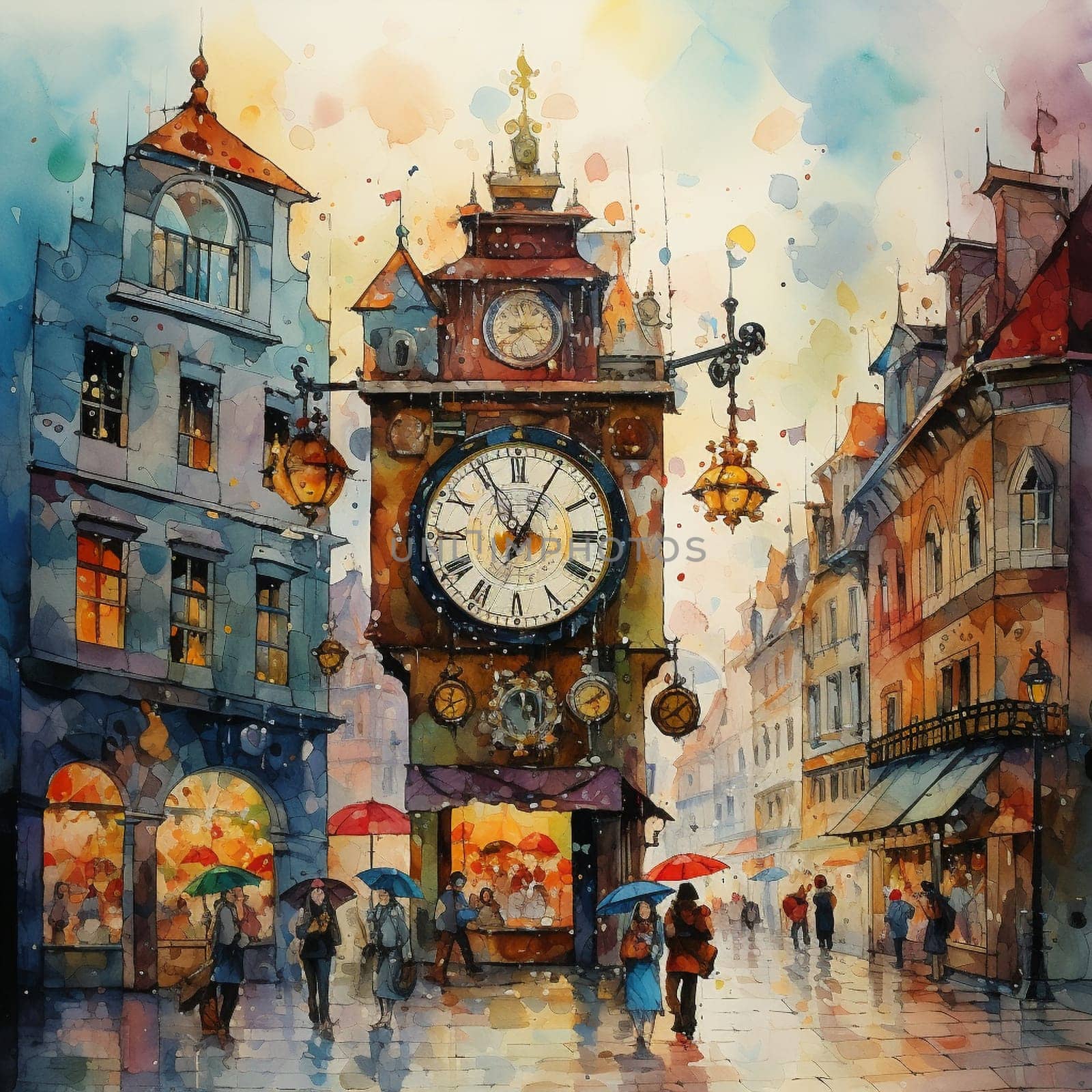 Immerse yourself in the whimsical art style of watercolor with this captivating image titled 'Time Traveler: A Journey through Vintage Clocks.' Transport yourself to a bustling city square filled with peculiar vintage clocks of all shapes and sizes. The artwork depicts a diverse group of people - from vividly dressed locals to curious tourists - marveling at the mystical powers of these antique timekeepers. Let this art piece take you on a journey through time, blending the nostalgic charm of the olden days with a touch of enchantment.