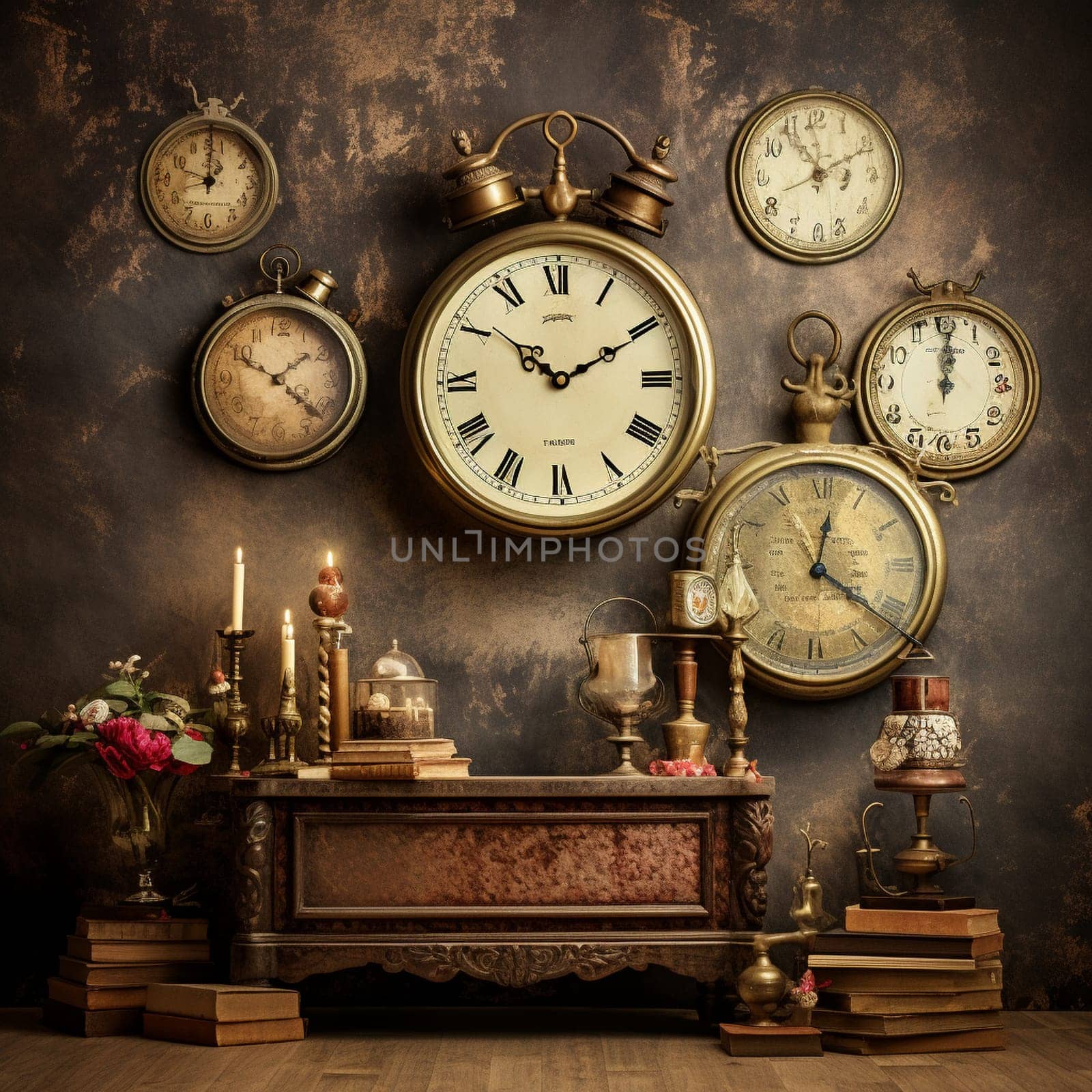 Transport yourself back in time with this captivating image of vintage clocks arranged creatively in a retro aesthetic. Each clock showcases intricate details and unique designs that will mesmerize any viewer. Bathed in warm, nostalgic lighting, this scene immerses you in the enchanting world of vintage vibes. A subtle touch of whimsy is added by integrating musical elements, such as musical notes or instruments, into the composition, evoking a sense of timeless melodies brought to life by these vintage clocks.