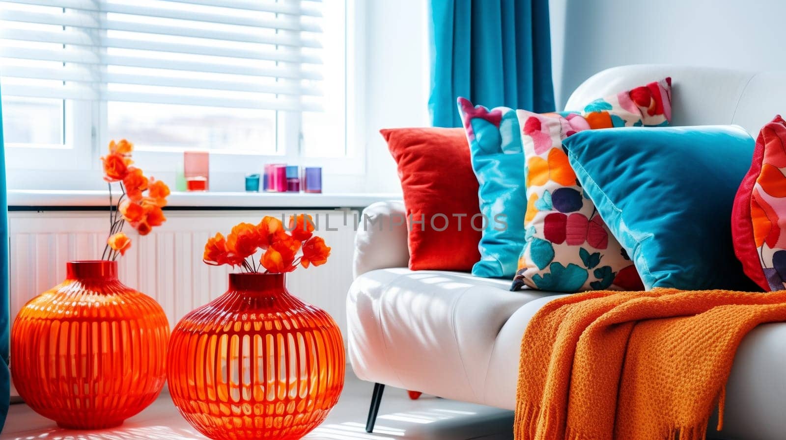 cozy interior with sofa and colored cushions - generative AI