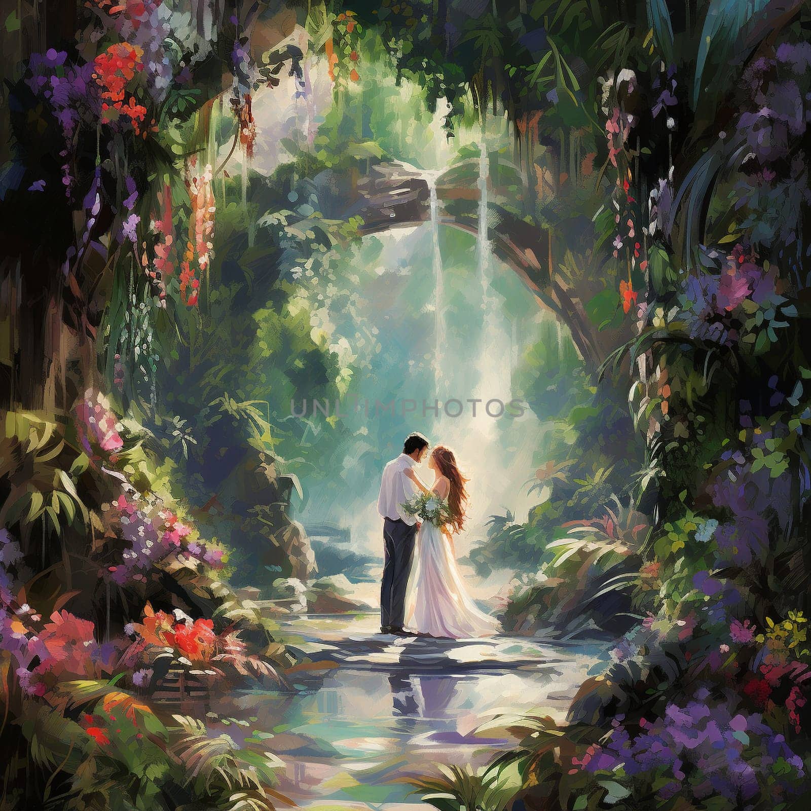 Immerse yourself in the enchanting scene of Emerald Oasis: Vows Exchanged in a Verdant Sanctuary. This impressionistic masterpiece captures the serenity and romance of a lush and vibrant sanctuary. The lush green foliage creates a verdant backdrop, while the cascading waterfall becomes the focal point of the image. Amidst the idyllic scenery, two individuals are seen exchanging wedding vows, their love celebrated in nature's embrace. Blooming flowers and shimmering butterflies add an ethereal touch to the atmosphere, evoking a sense of tranquility and enchantment. Let this captivating image transport you to a world of natural beauty and everlasting love.