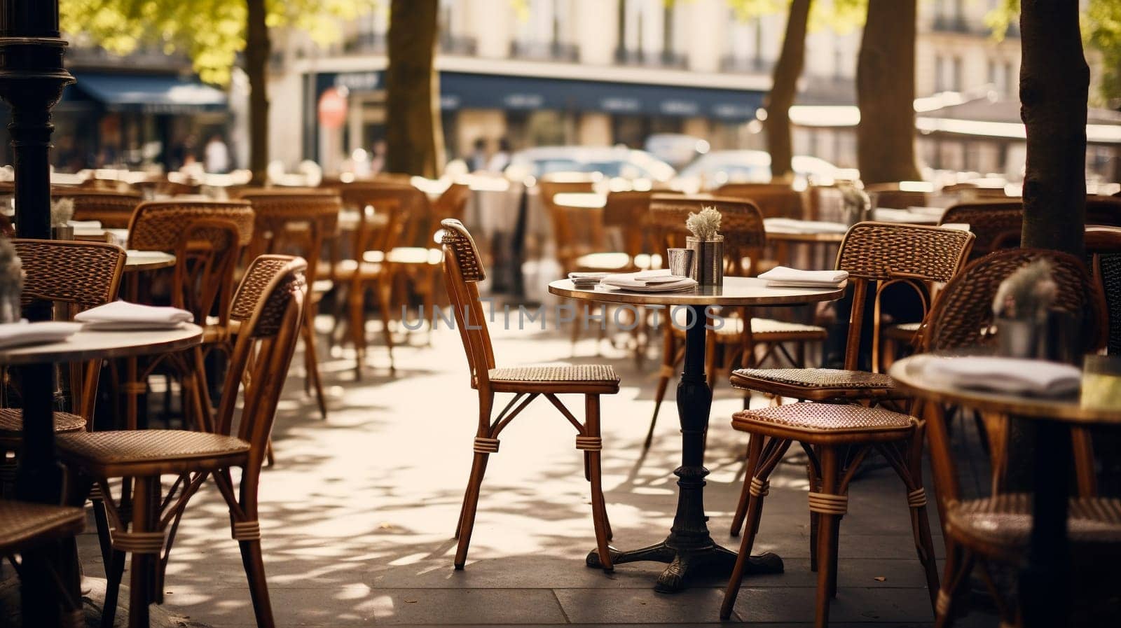 A serene Parisian cafe setup with wicker chairs and tables on a sidewalk, awaiting guests