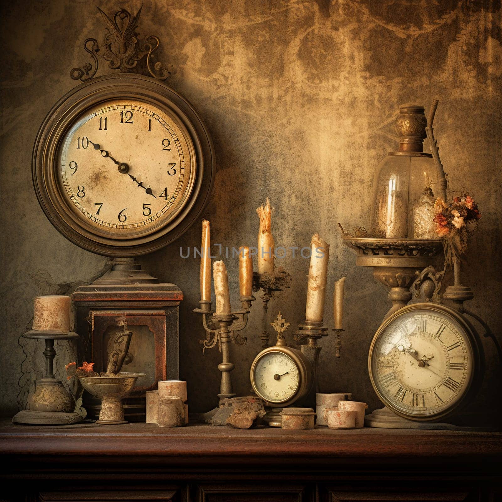 Step into a bygone era with this captivating image in a vintage art style. Inspired by the title 'Wistful Whispers: Vintage Clocks Unveiling Stories,' this illustration portrays an enchanting cluttered room adorned with antique clocks of various shapes, sizes, and styles. Each clock is intricately detailed, showcasing an aged patina and delicate hands frozen at different times, as if holding onto forgotten moments. Warm dappled sunlight filters through lace curtains, creating ethereal shadows that dance upon the timepieces, adding to the nostalgic ambiance. The scene is adorned with old handwritten letters, faded photographs, and forgotten trinkets, evoking a sense of fond reminiscence. The whimsical charm of the vintage clocks becomes the focal point, capturing the viewer's imagination and igniting a profound curiosity and longing for the untold tales they may hold.
