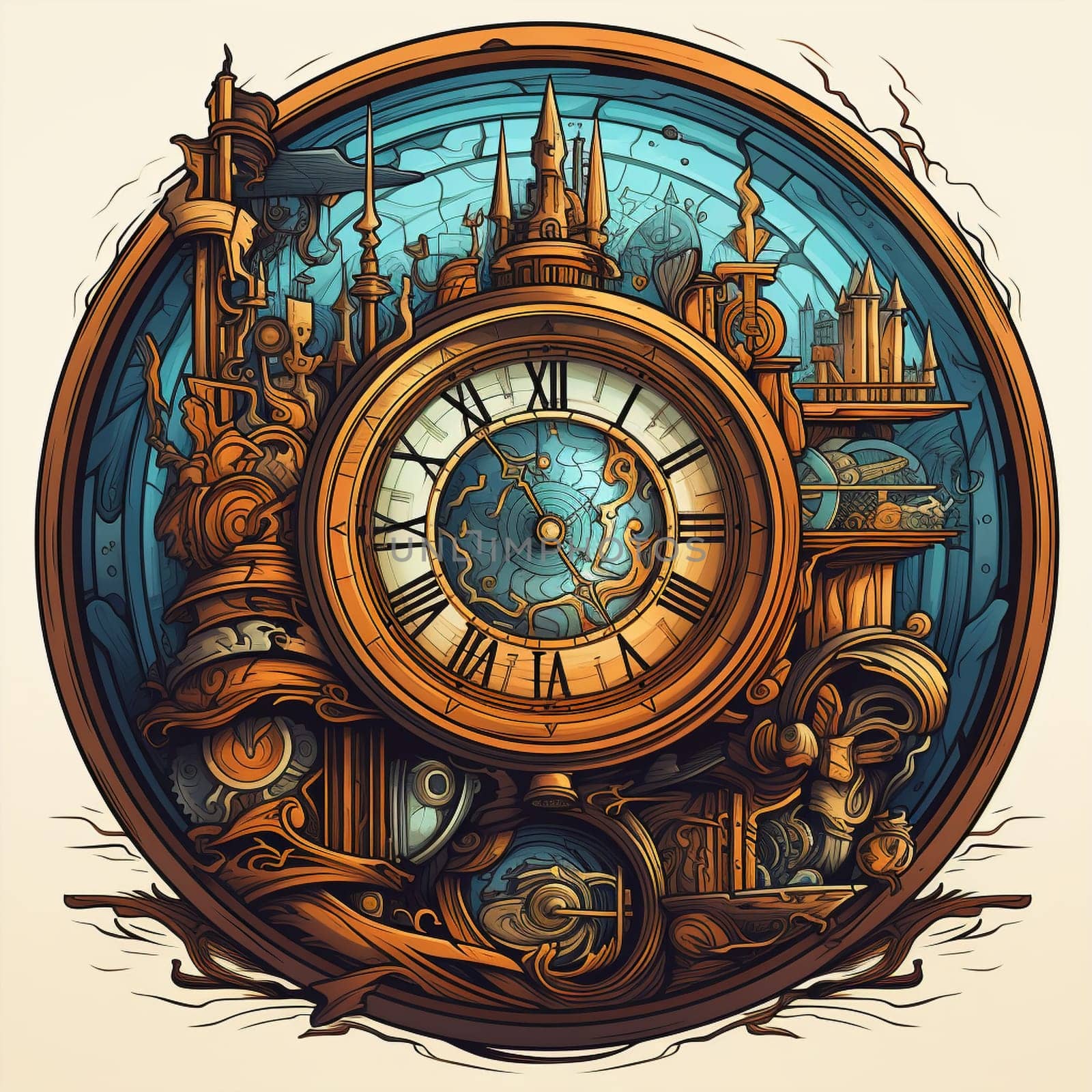 Enter a world of enchantment with this vintage clock, adorned with intricate details and mysterious elements. In a hand-drawn storytelling art style, the clock comes to life with its steam-powered gears and glowing mystical symbols. Surrounding the clock are objects that hint at different tales and stories, with fairies and anthropomorphic animals engaged in peculiar activities nearby. This captivating image evokes curiosity and sparks the imagination, leaving viewers wondering about the enchanting stories hidden within the clock's intricate mechanisms.