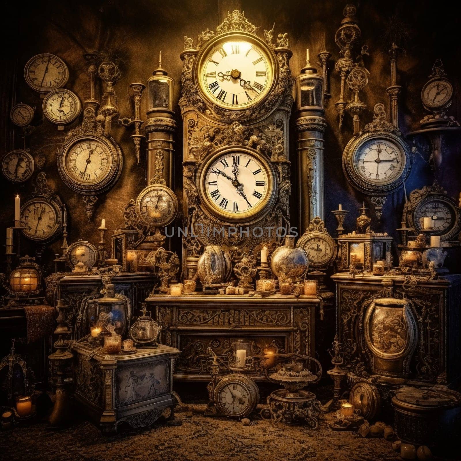 Step into the enchanting world of vintage clocks with 'Whispers of the Past: Vintage Clocks in Silent Glory.' This captivating image portrays a dimly lit room, brimming with the silent beauty of antique clocks of various shapes and sizes. The artistic lighting enhances the ambiance, casting a nostalgic glow that transports the viewer into a bygone era. Each clock is meticulously crafted with intricate details, which are artfully highlighted, inviting closer inspection. This image captures the essence of time standing still, evoking a sense of nostalgia and wonderment.