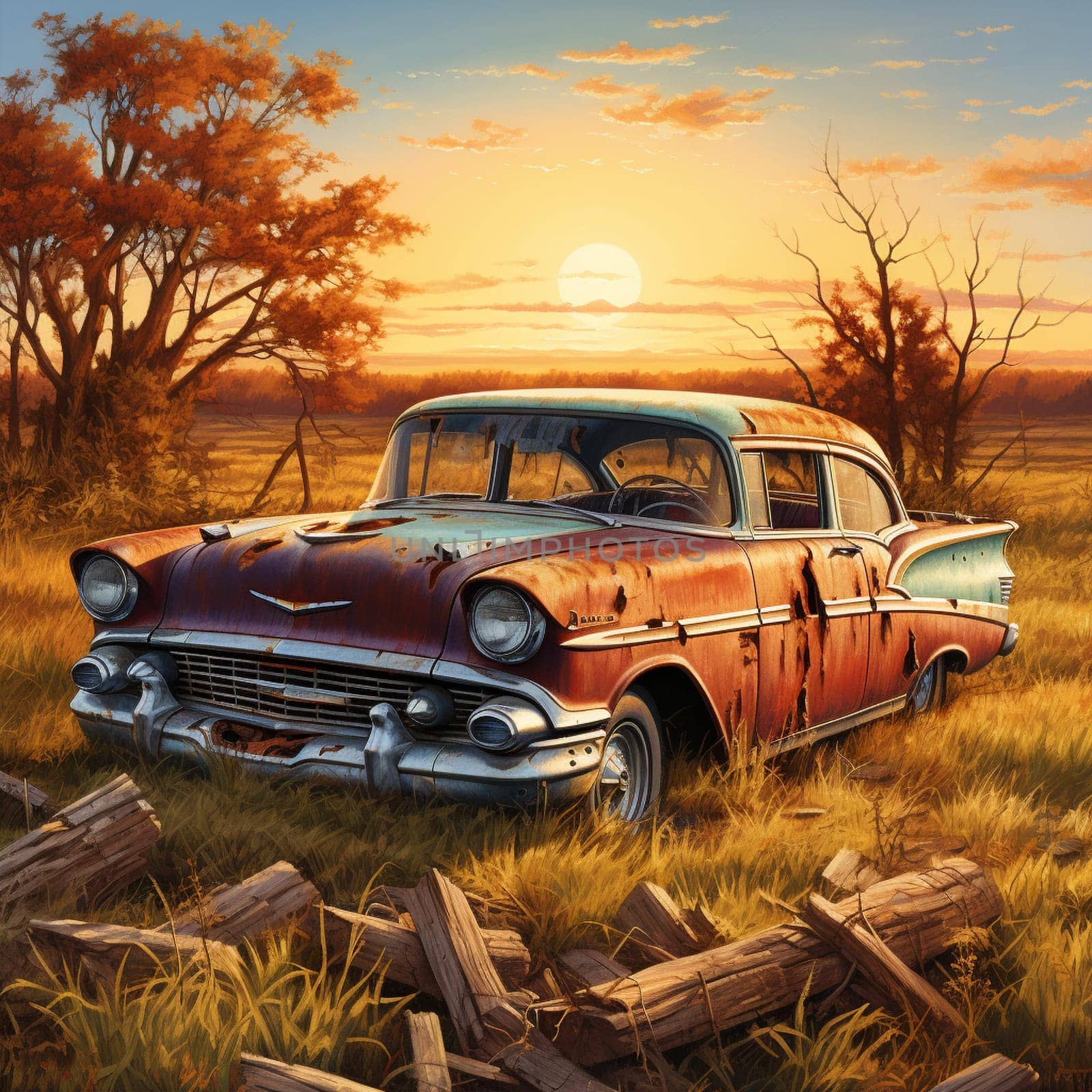 Step into the past with this vintage-style illustration of a weathered classic car restlessly parked in an overgrown field. The sun gracefully shines through a thick layer of rust on the body, casting warm rays that enhance the car's aged, faded glory. This artwork exudes elements of nostalgia and evokes a sense of a forgotten era.