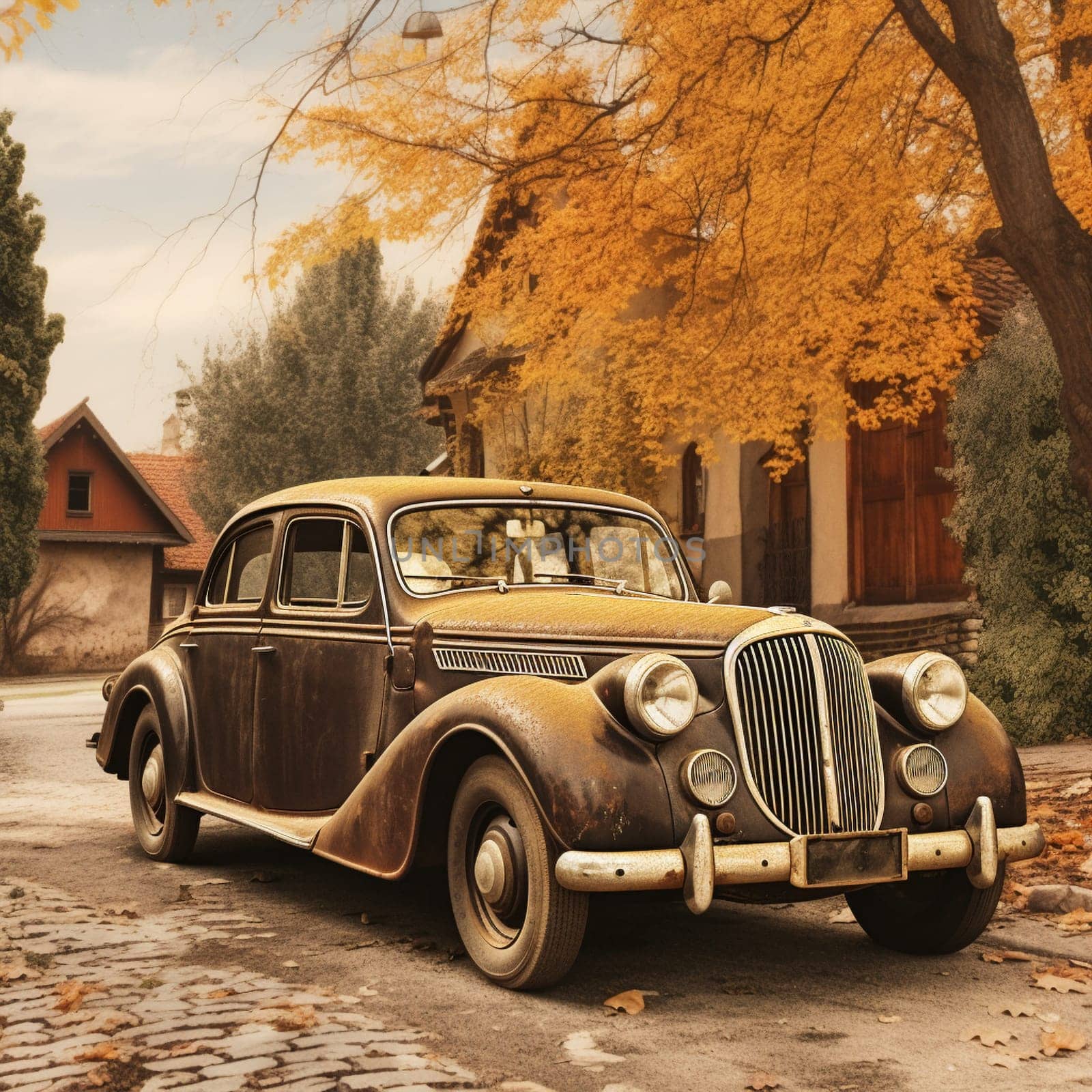 Step into the past with this captivating image of a vintage car in a nostalgic art style, capturing the essence of its bygone era. The vintage car is portrayed against a scenic backdrop, resembling a serene countryside road or a vintage city street with quaint buildings. The image exudes a warm, sepia-toned ambiance, enhancing the perception of nostalgia.