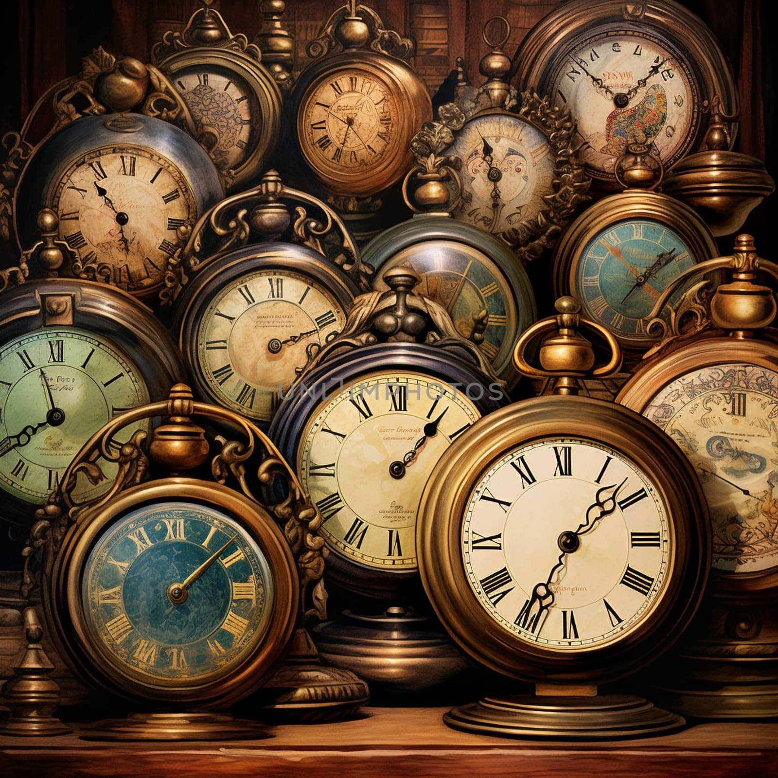 Step into a timeless era with this mesmerizing oil painting art style image. It beautifully showcases the nostalgic beauty of vintage clocks, each one uniquely designed and ornate. The focal point of the image is a harmoniously arranged collection of vintage clocks, evoking a sense of balance. The intricate details of the clocks transport you to a bygone era, while the flowing fabric and swirling patterns in the background add a touch of motion and enchantment. The clocks seem to play a symphony of time, leaving behind melodic footprints in their wake.