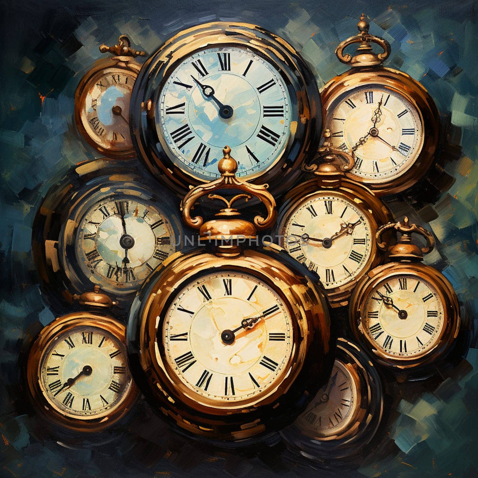 Step into a timeless era with this mesmerizing oil painting art style image. It beautifully showcases the nostalgic beauty of vintage clocks, each one uniquely designed and ornate. The focal point of the image is a harmoniously arranged collection of vintage clocks, evoking a sense of balance. The intricate details of the clocks transport you to a bygone era, while the flowing fabric and swirling patterns in the background add a touch of motion and enchantment. The clocks seem to play a symphony of time, leaving behind melodic footprints in their wake.